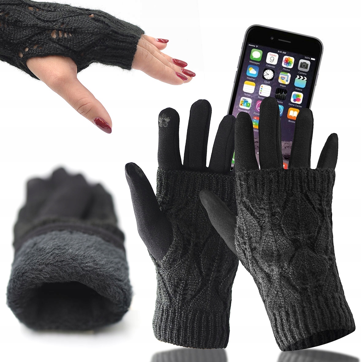 

Rękawiczki damskie 3w1 ciepłe kobiece z nakładką