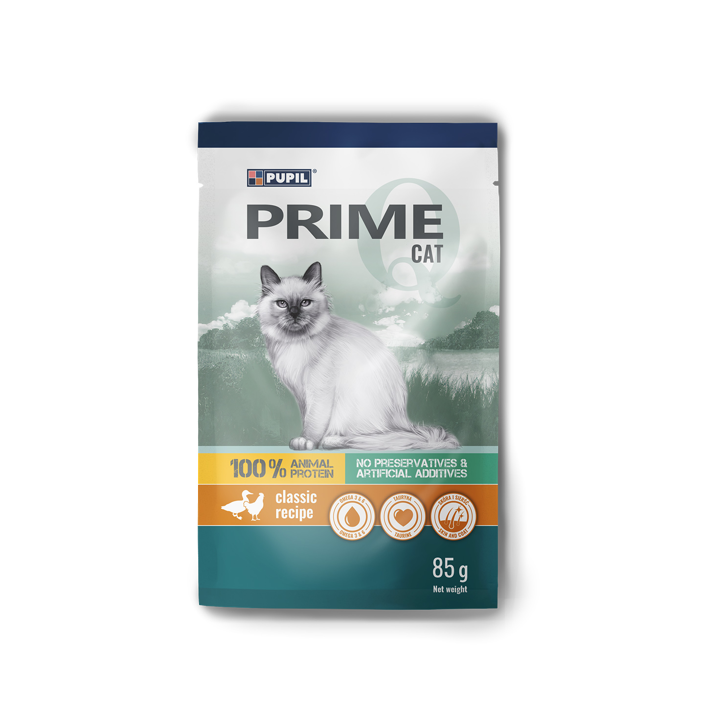 Levně 28 x Krmivo mokré pro kočky Pupil Prime bohaté na drůbež s kachnou kapsička 85 g