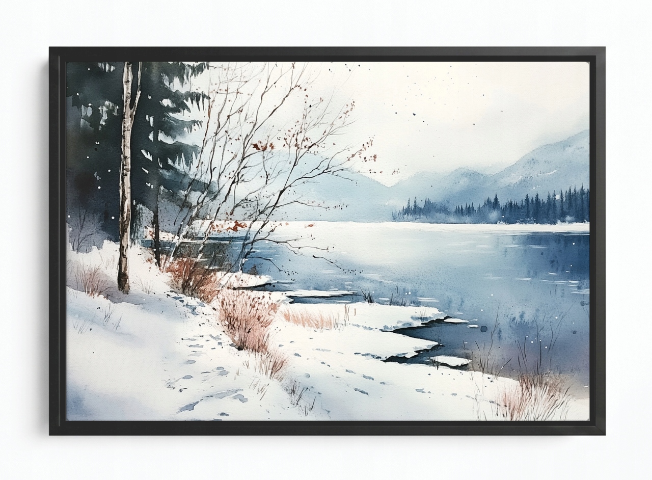Obraz Rám Americký Box Krajina Hory Jezero Les Zima Sníh Led Mráz 60x40