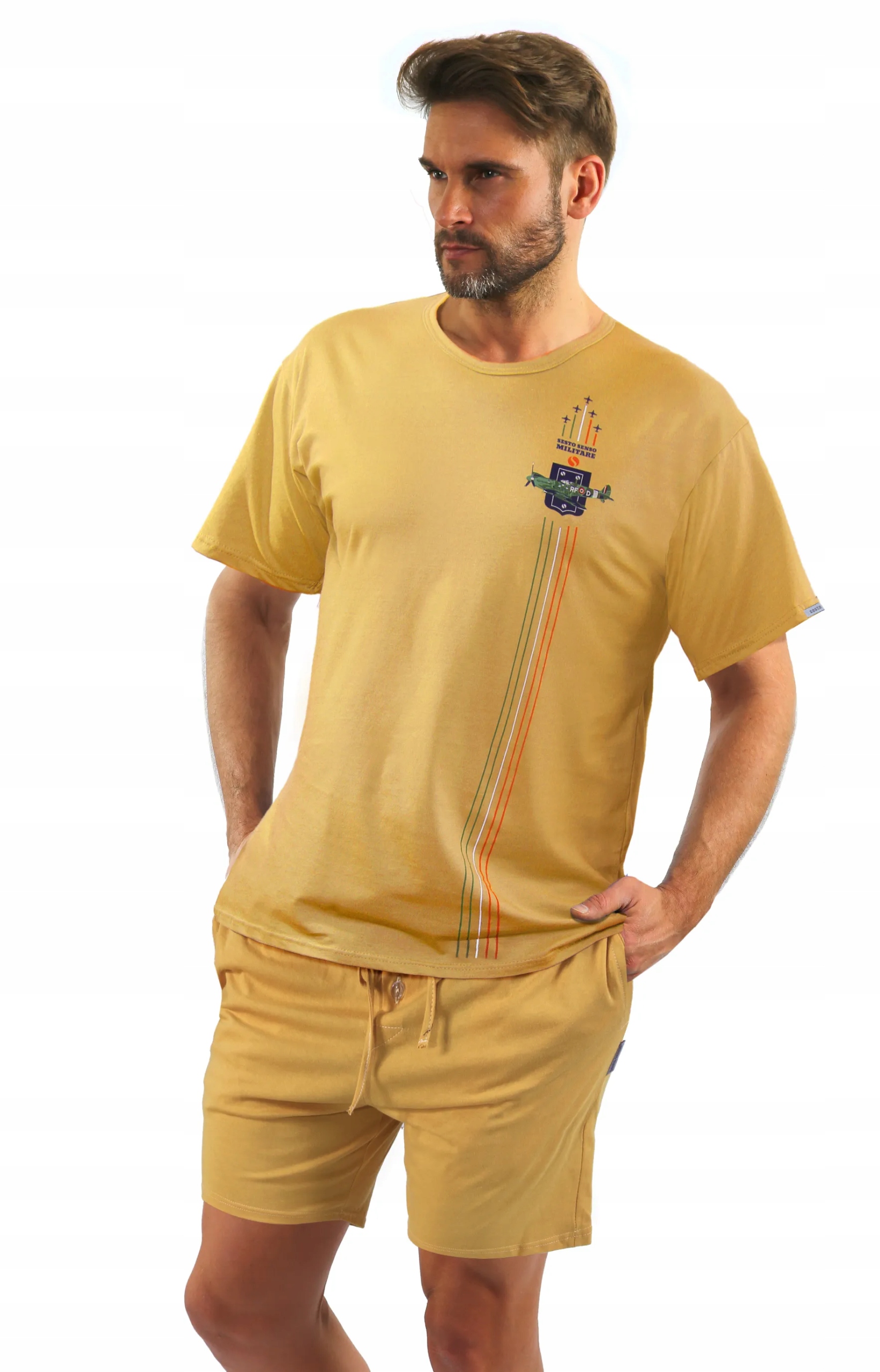 Sesto Senso Pánské krátké pyžamo Military 7542 Hořčicová 3XL