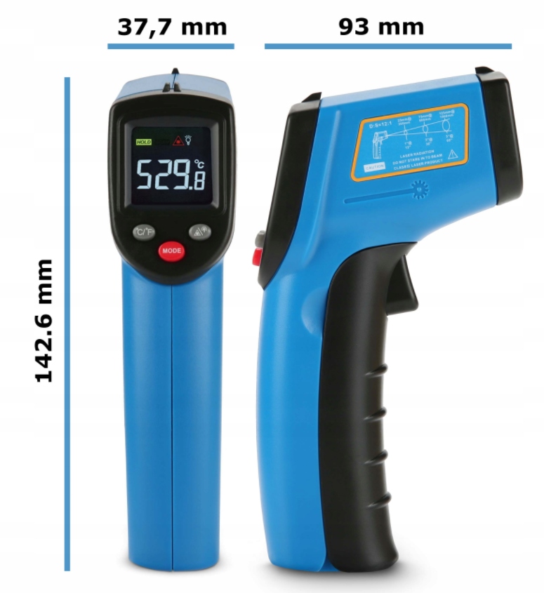 PIROMETR TERMOMETR LASEROWY BEZDOTYKOWY NA PODCZERWIEŃ EMISYJNOŚĆ -50+530°C Zakres pomiaru temperatury 0-50°C