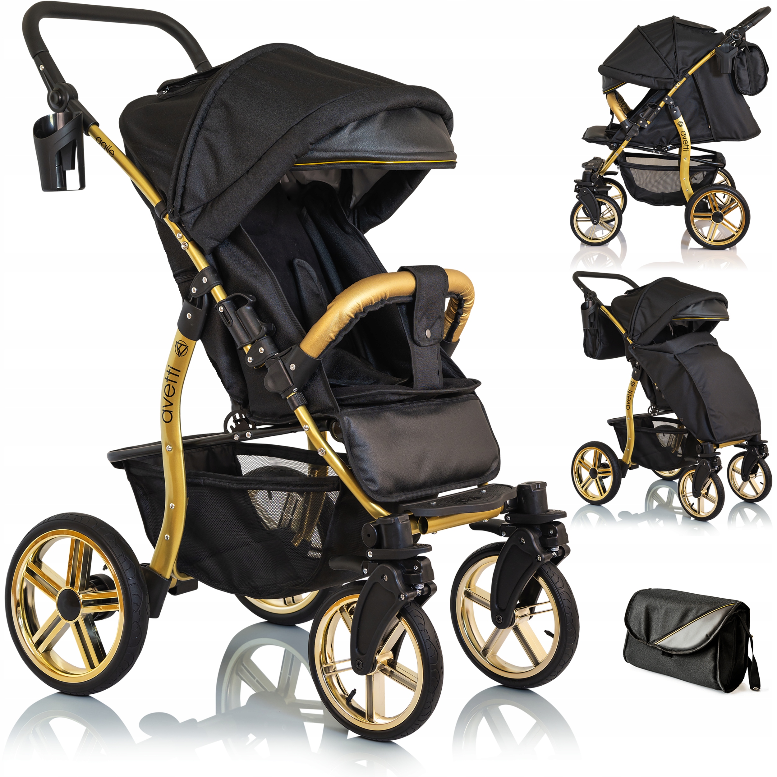 WÓZEK SPACEROWY AVETTI AGILE DUŻE KOŁA TORBA ZŁOTY