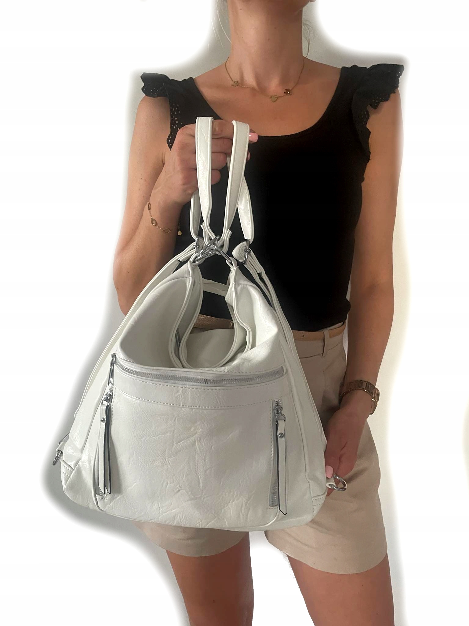 biała torebka damska WOREK PLECAK dużo kieszonek Materiał dominujący skóra ekologiczna