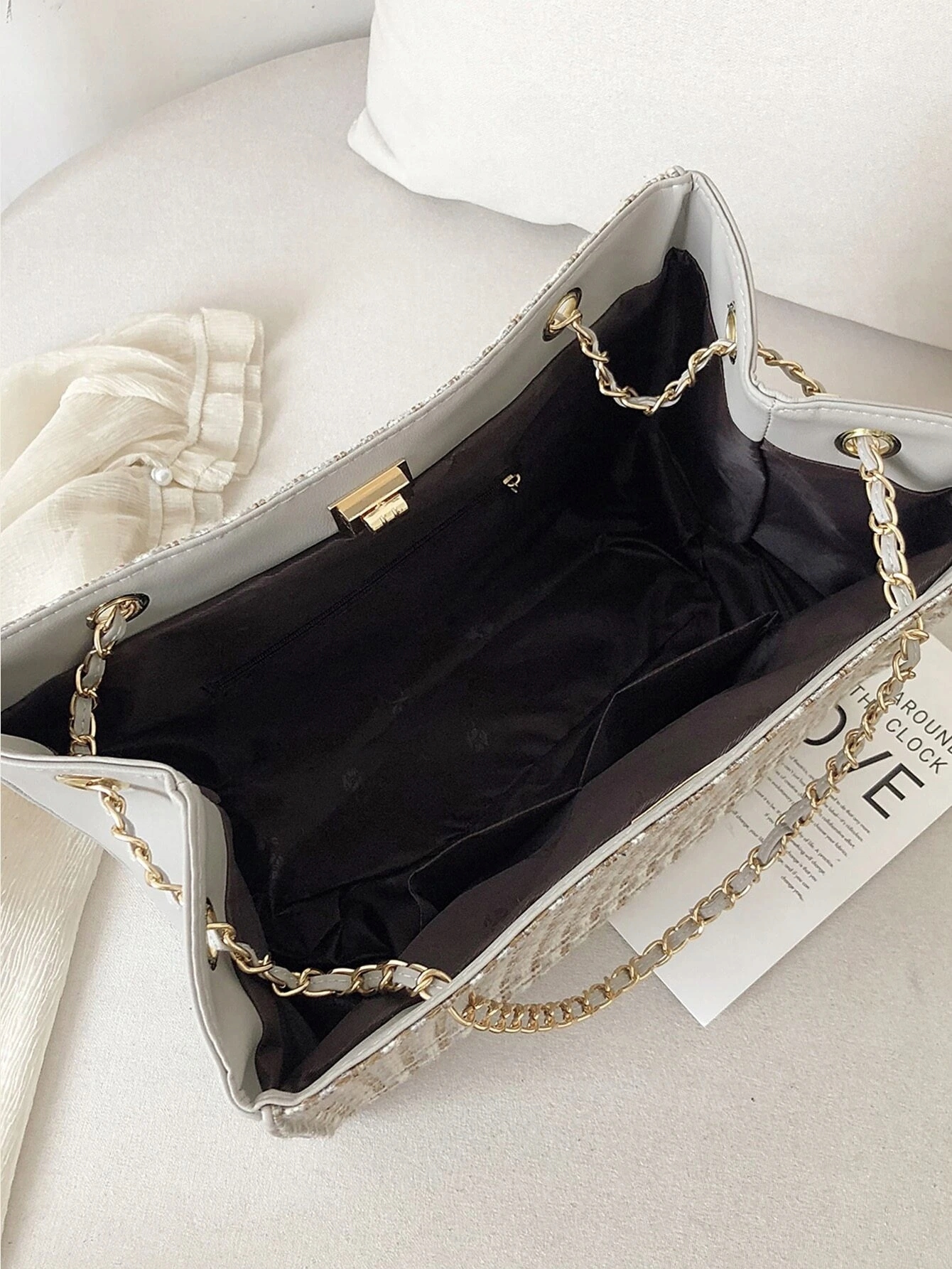 SHEIN BIAŁO ZŁOTA TOREBKA TWEEDOWA Z ŁAŃCUSZKIEM 10373 Wielkość duża (mieszcząca A4)