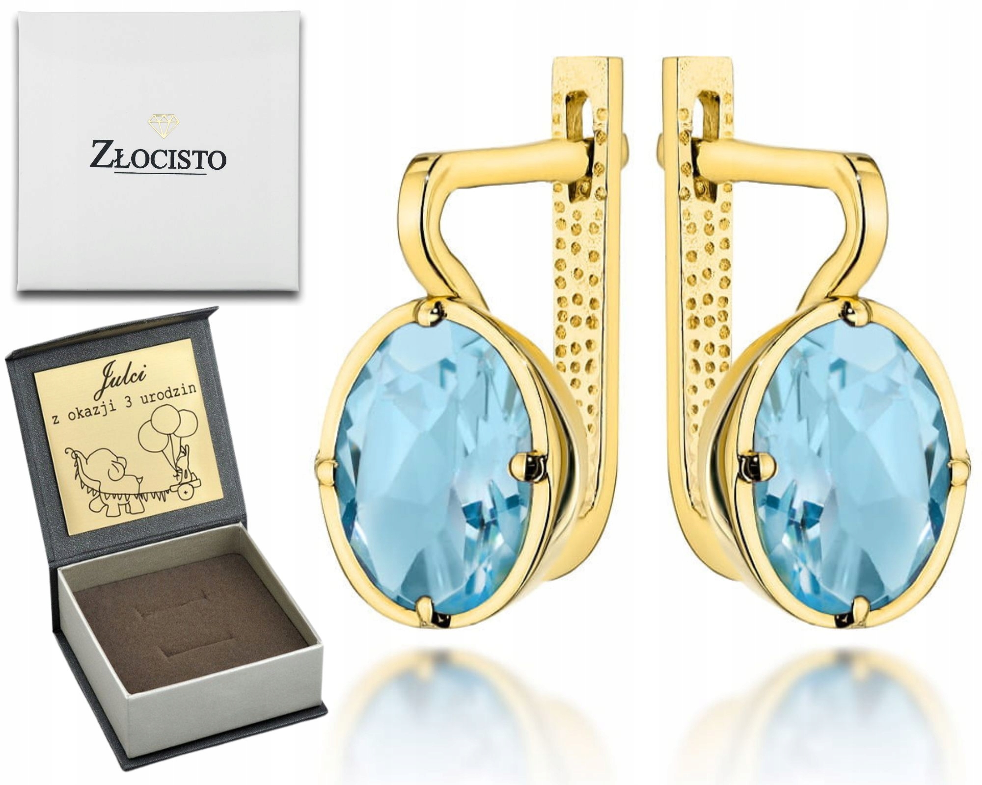 Zlaté Náušnice S Topazem, Modrý Přírodní Kámen, Anglické Zapínání 585