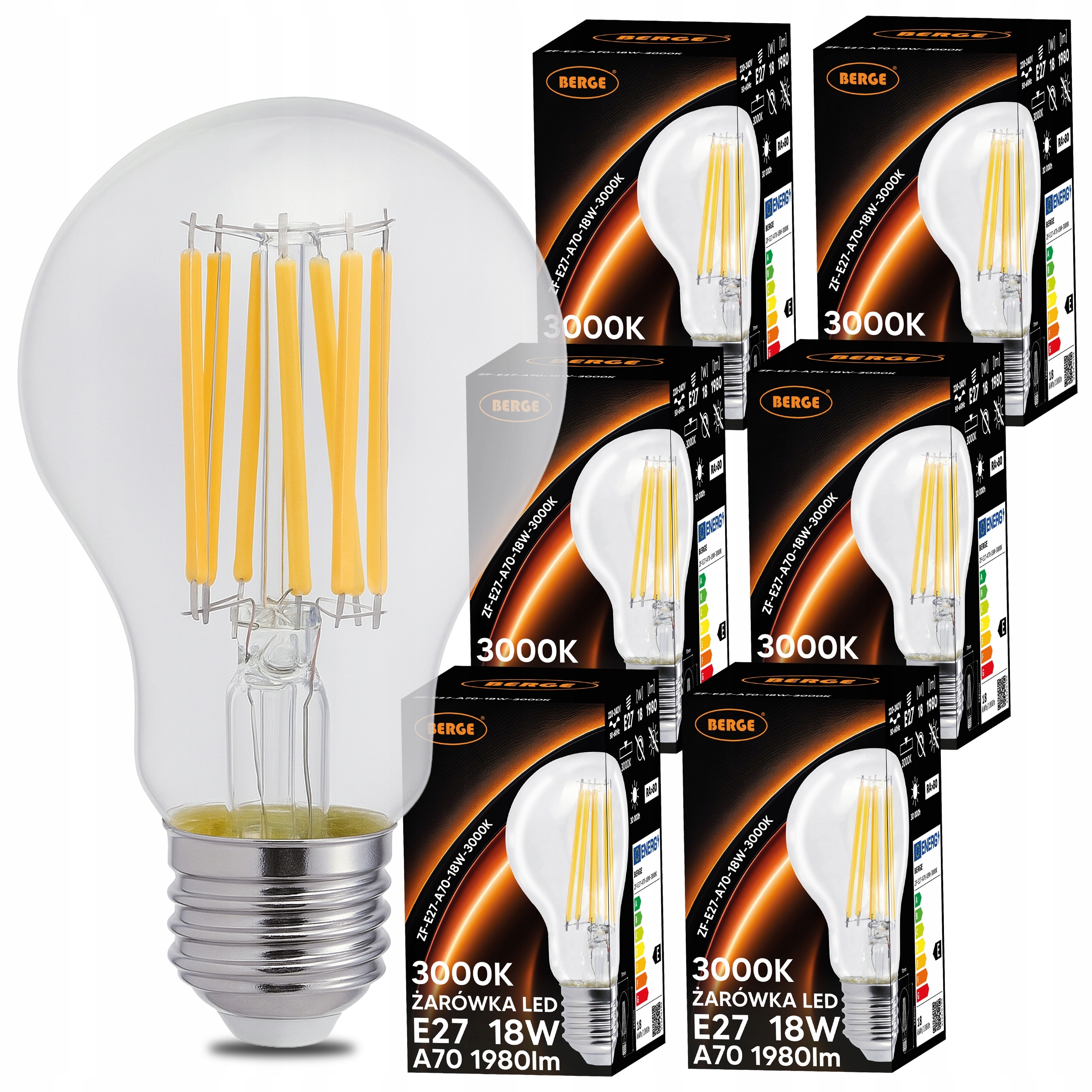 6x Led žárovka E27 18W 150W 1980lm 3000K Ozdobná Filament Retro Silná