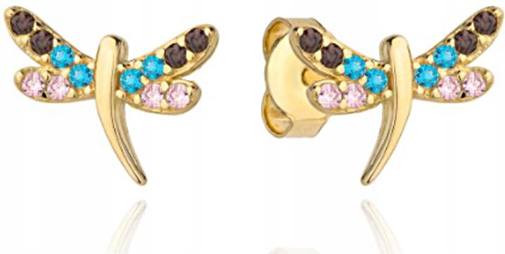 Zlaté náušnice 585 vážka s barevnými zirkony na kolíku, módní šroubky