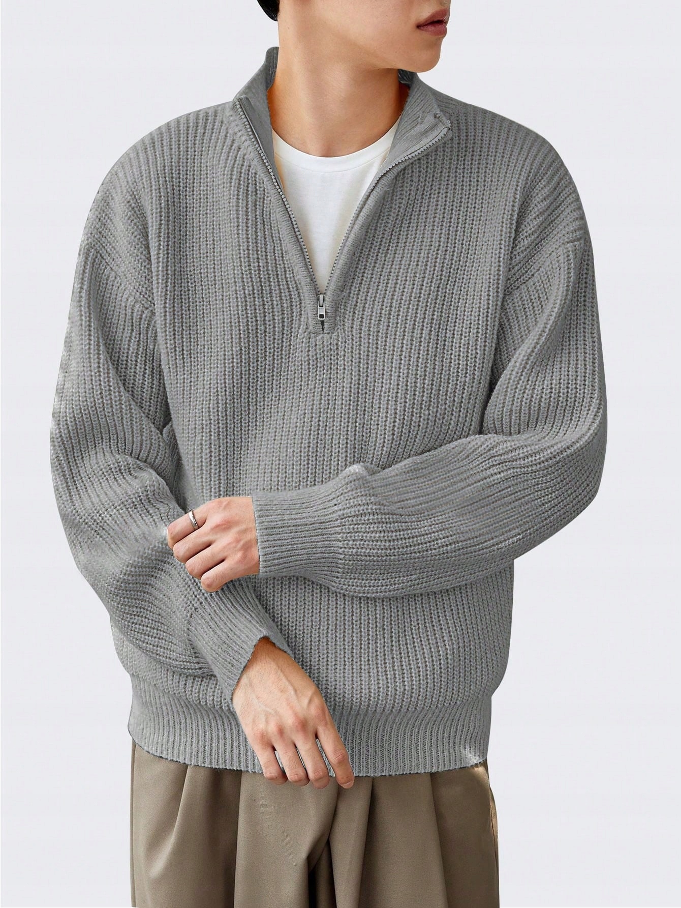 Pánský Svetr Se Stojáčkem, Pletený, Rozepínací, Šedý, Casual, Shein, XL