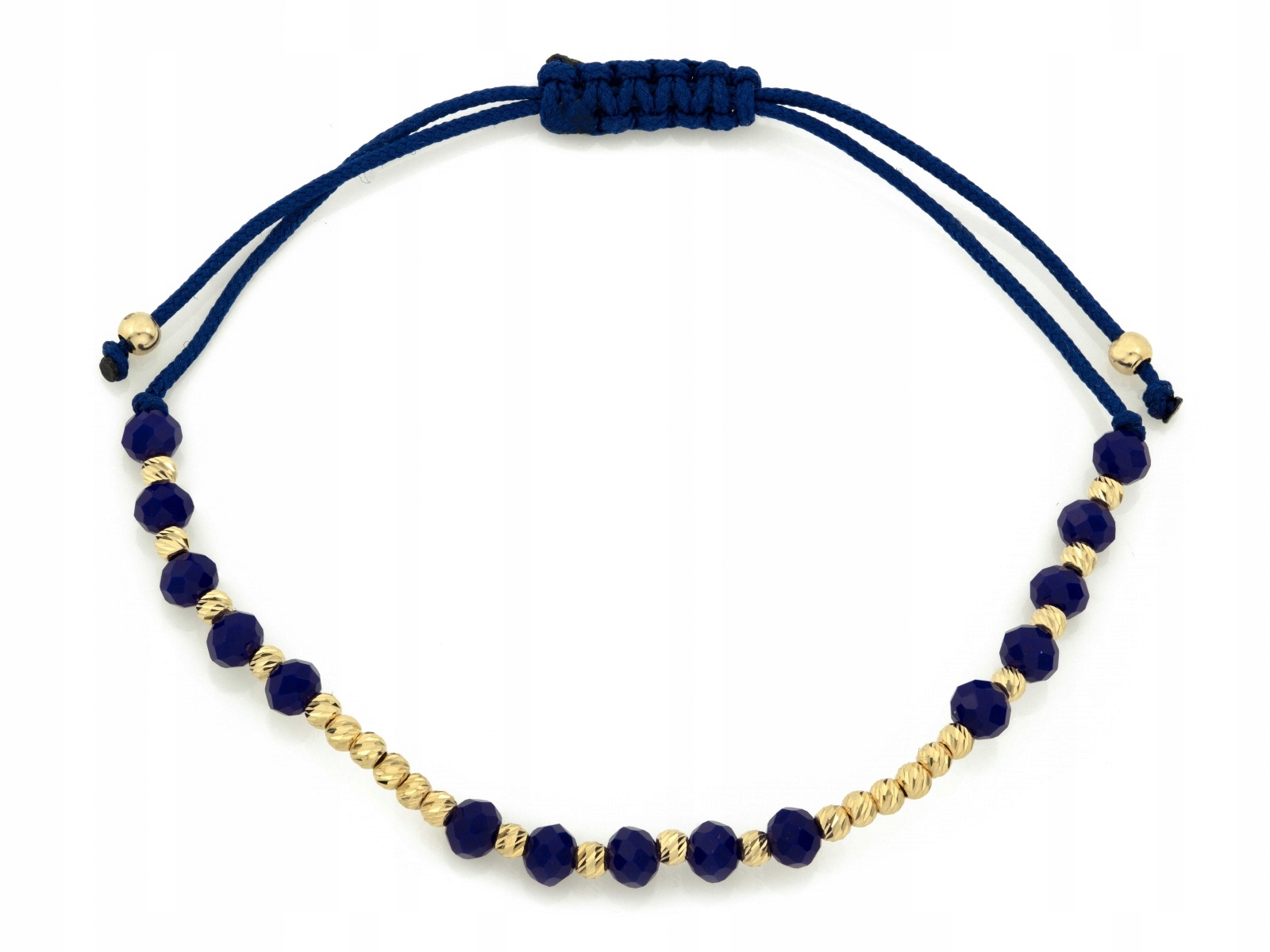 Zlatý náramek s kuličkami 585 a modrými zirkony na modrém 14karátovém provázku