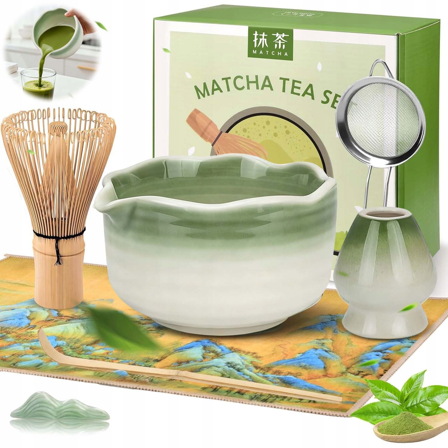 Levně Dárková Sada Na Matcha Čaj 7DÍLNÁ Sada Podložka Lžička