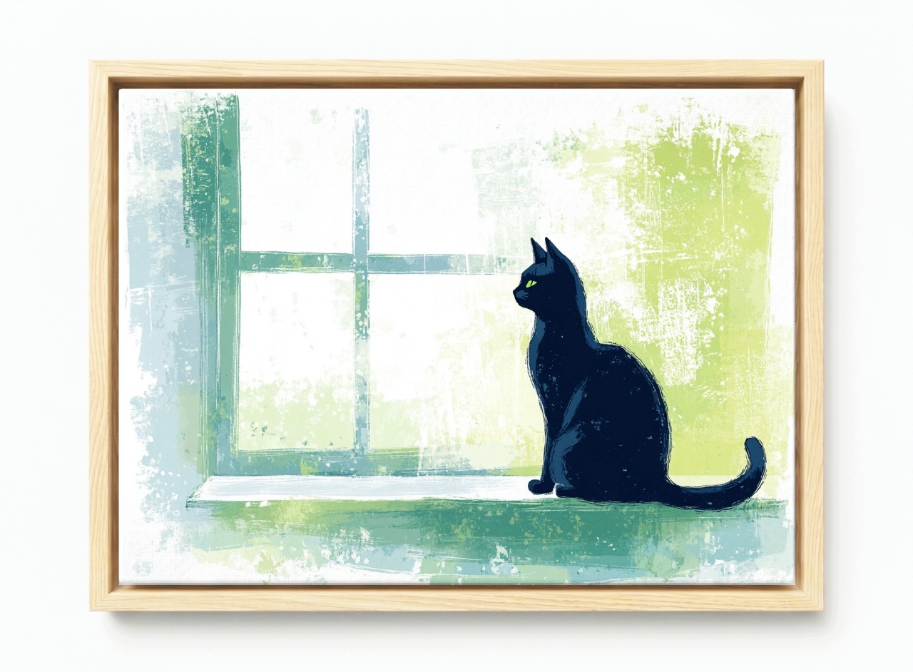 Obraz Rám Americká Krabička Kresba Grafika Černá Kočka Okno Pozorovatel 60x40
