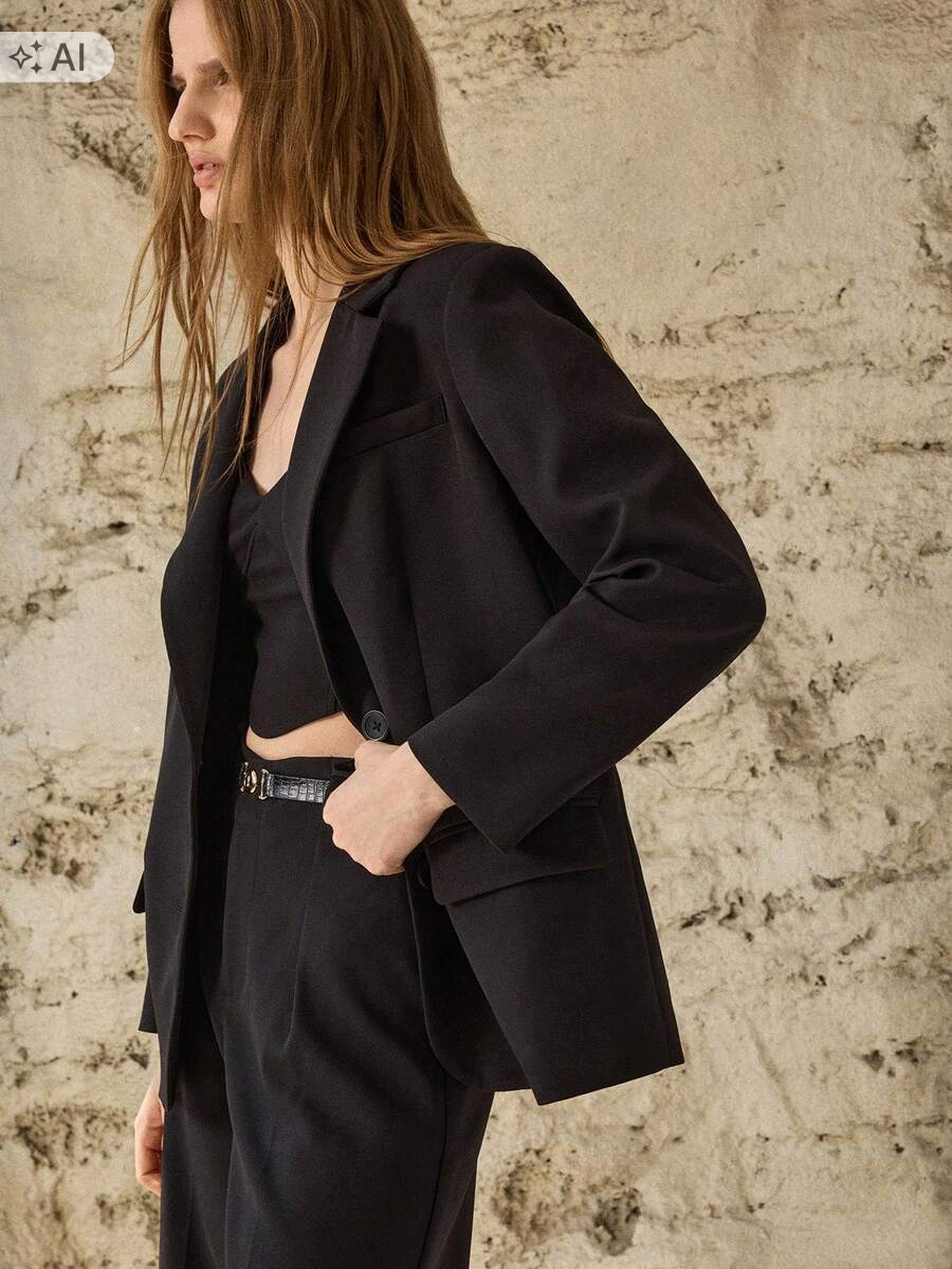 Shein Černá Sako Elegantní Dvouřadá S Klopami M 1LA