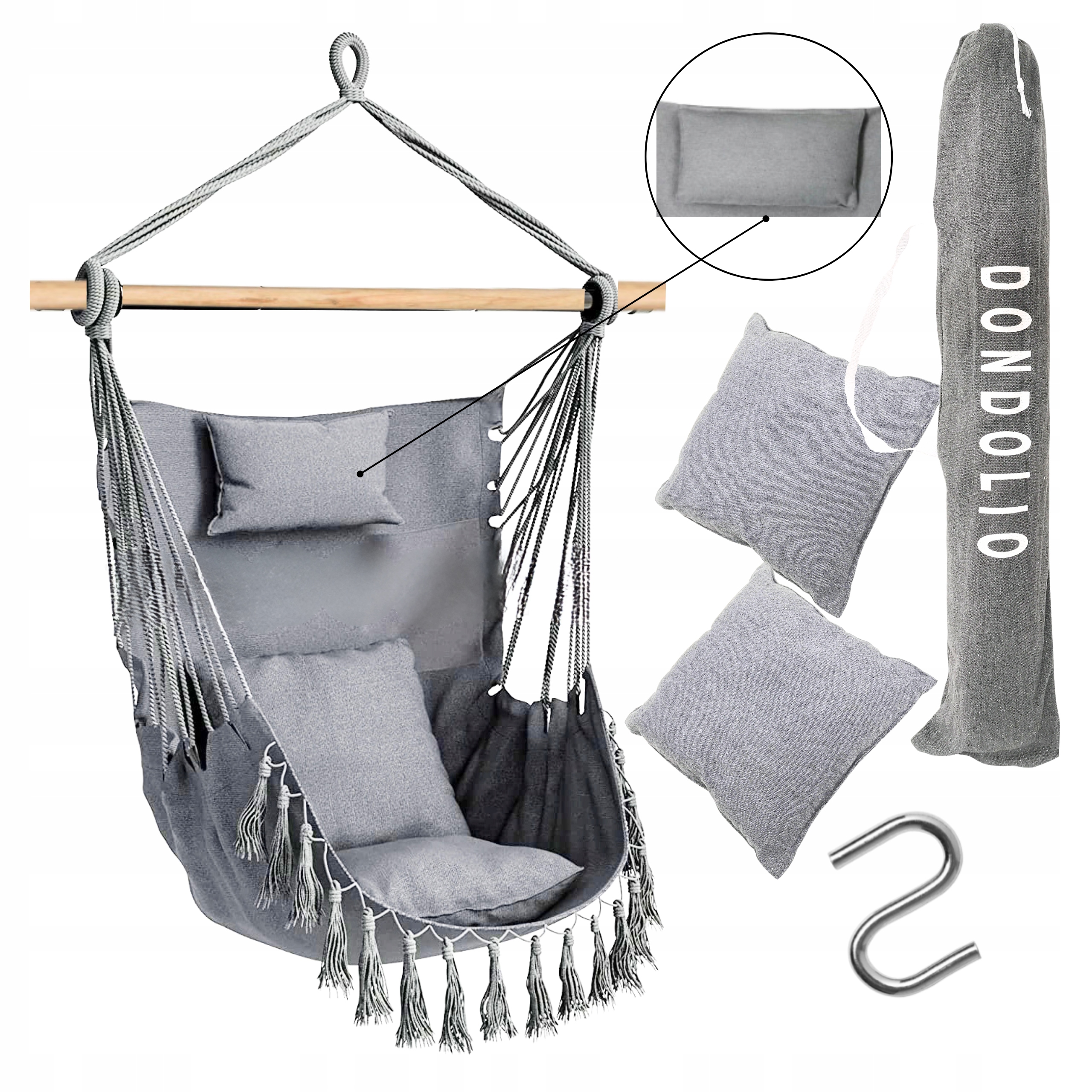 Fotel Hamakowy Wiszący Brazylijski Huśtawka Ogrodowa 3x Poduszki Szary +Hak