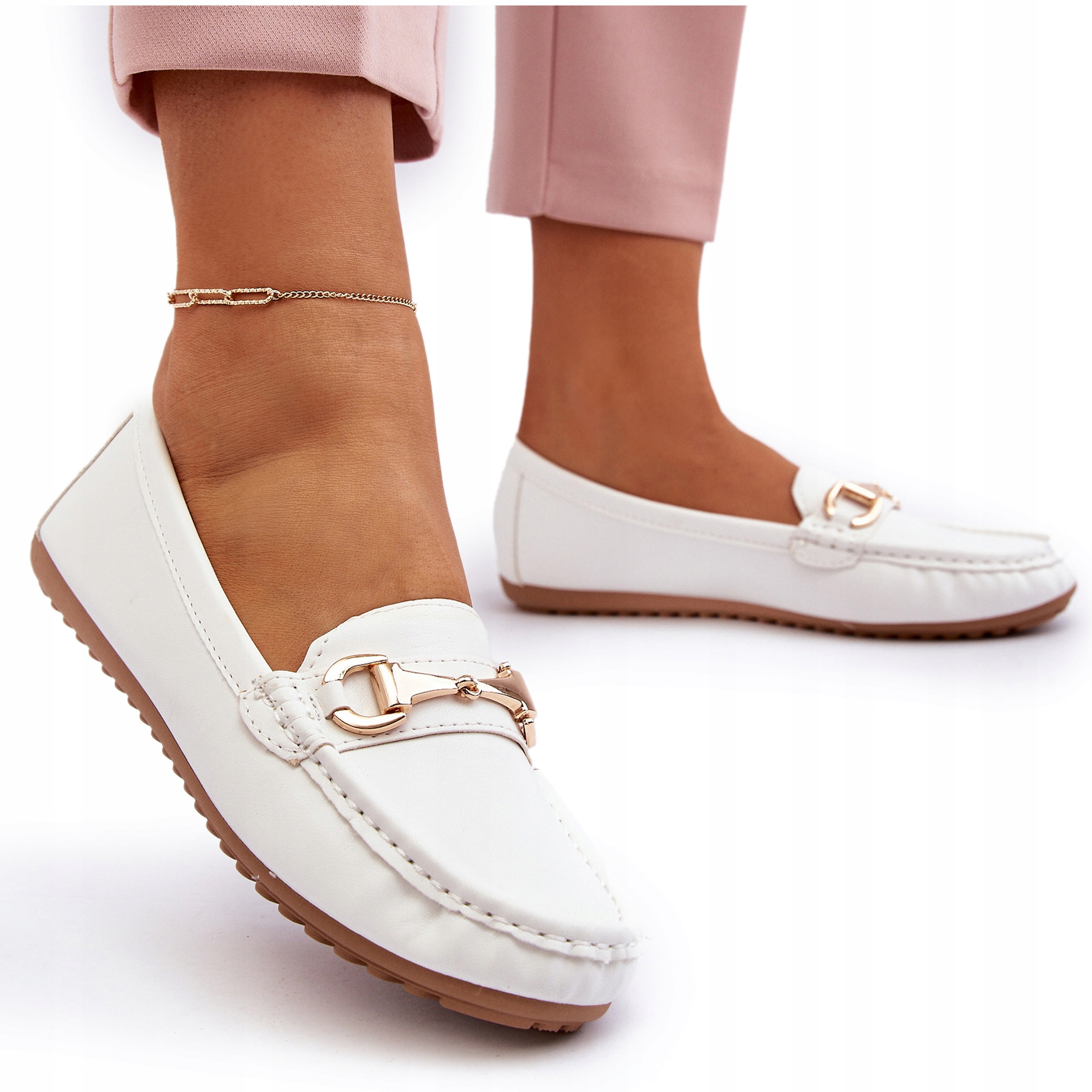 MOKASYNY DAMSKIE Z EKO SKÓRY KLASYCZNE Z OZDOBĄ BIAŁE 38