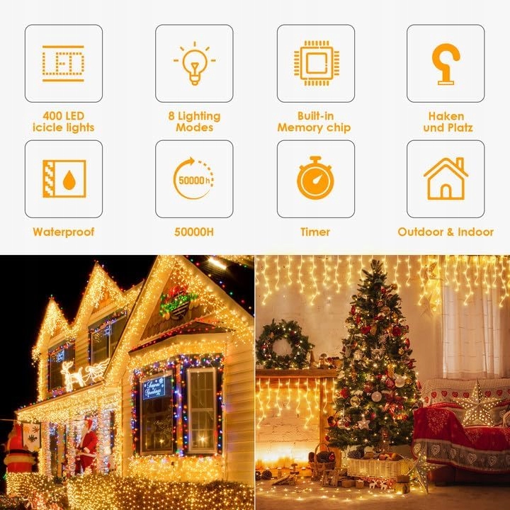 GYLEFY KURTYNA ŚWIETLNA LAMPKI ŚWIĄTECZNE ZEWNĘTRZNE IP65 TIMER 10M 400LED — miniatura 11