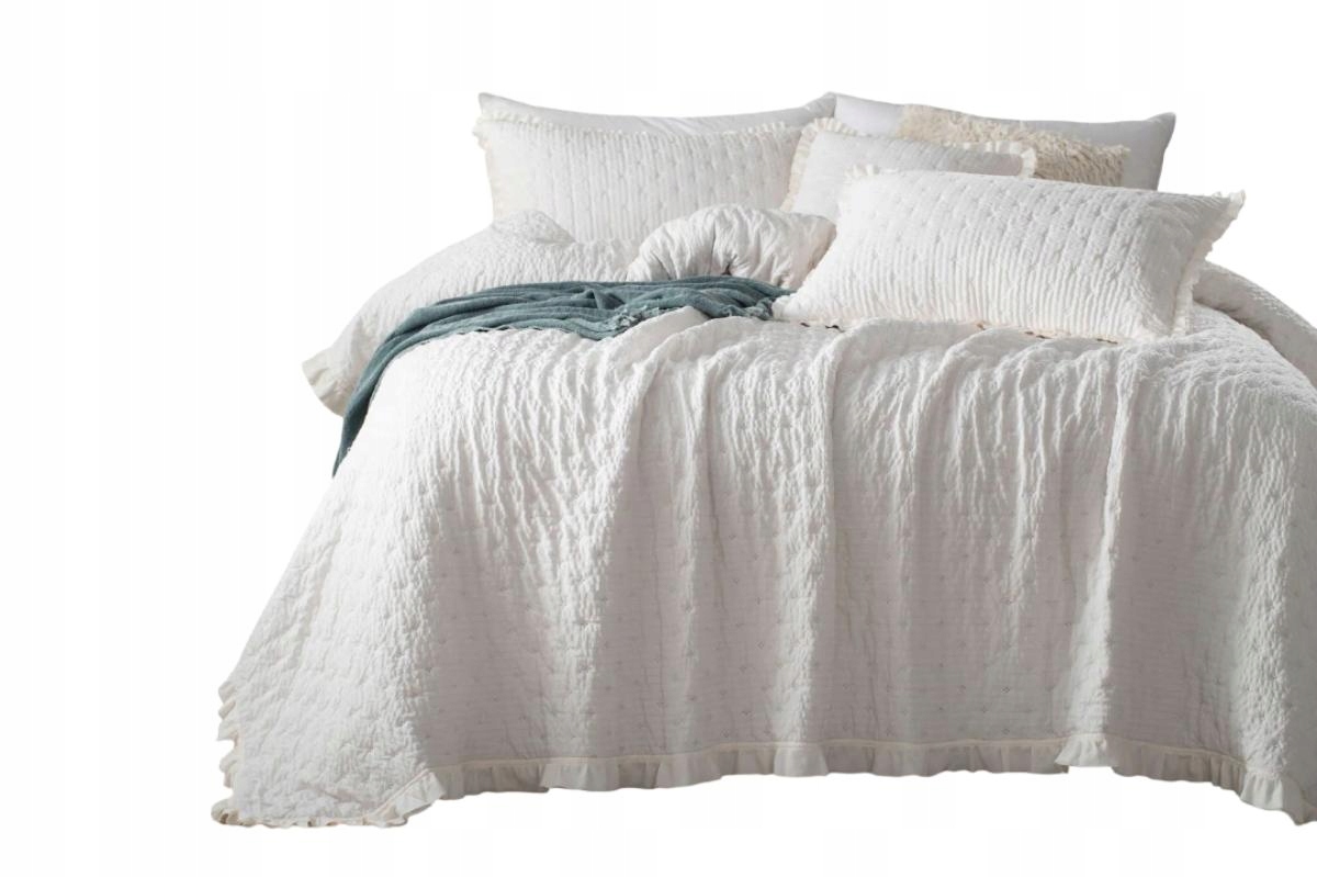 Dekorativní přehoz s vroubkovanou strukturou Amour 240x260, bílý s volánem