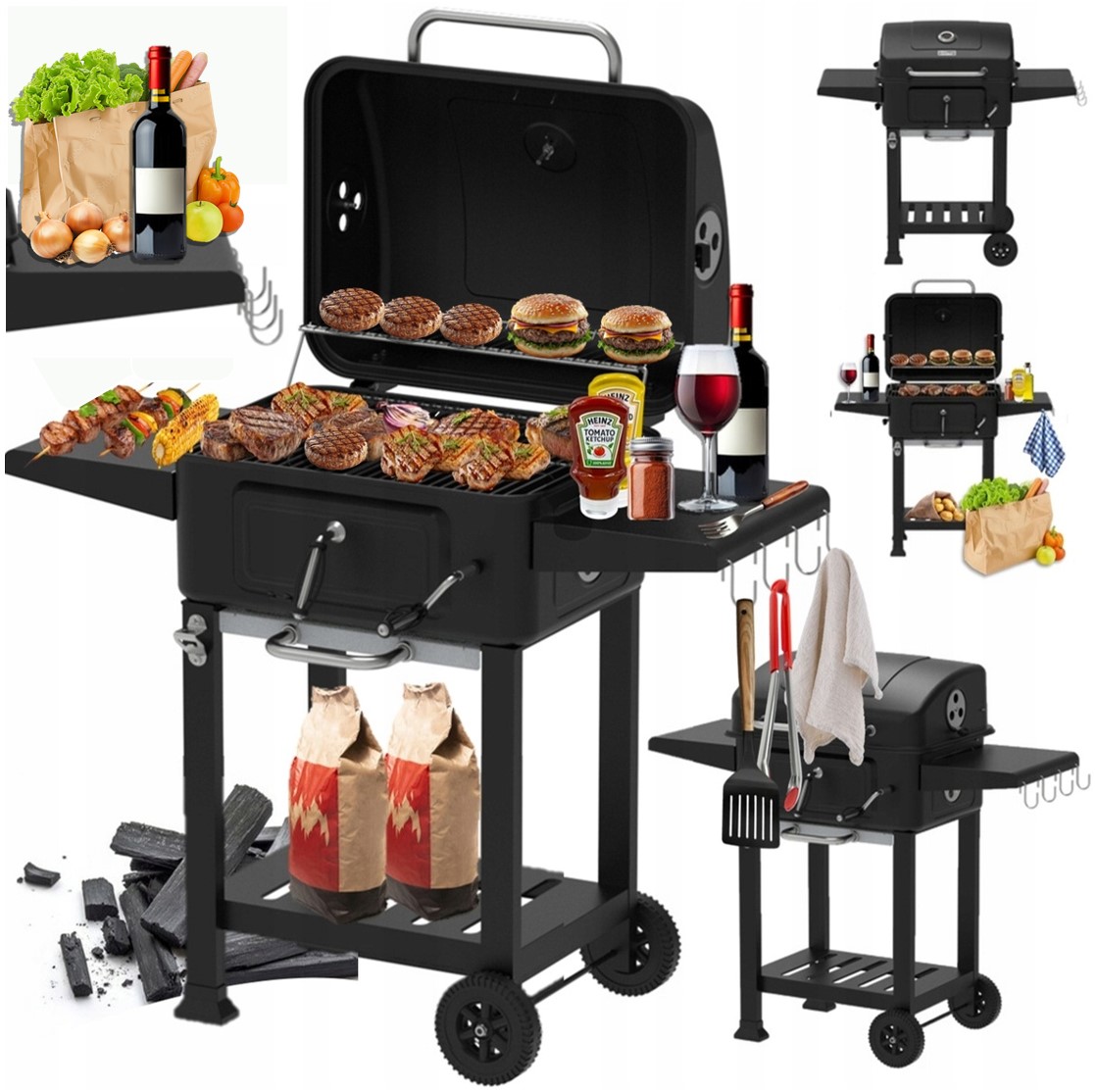 Grill Węglowy Ogrodowy Bbq Pokrywa Popielnik Termometr XXL