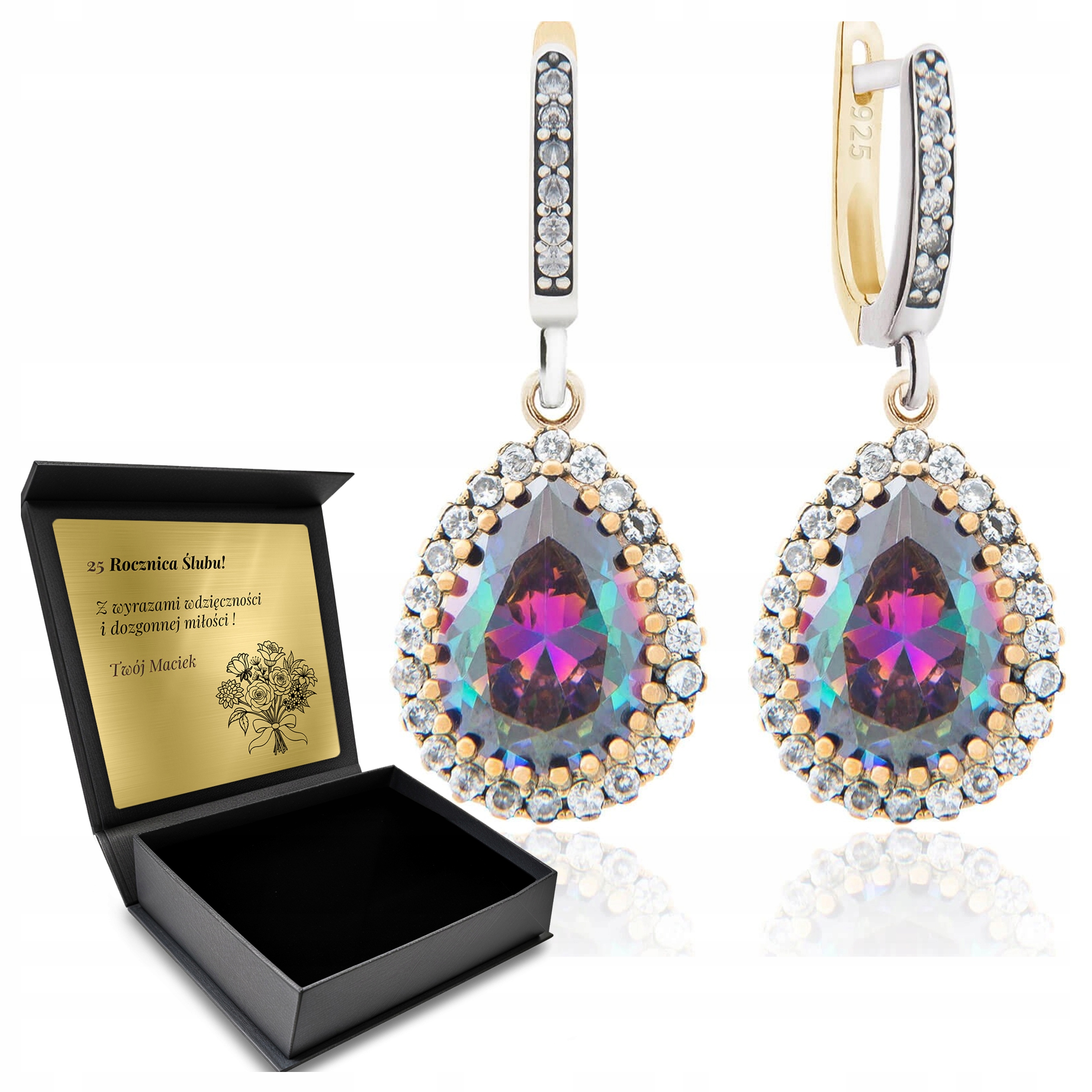 Stříbrné Náušnice 925 S Zirkony A Mystickým Topazem pro ženy Gravírování