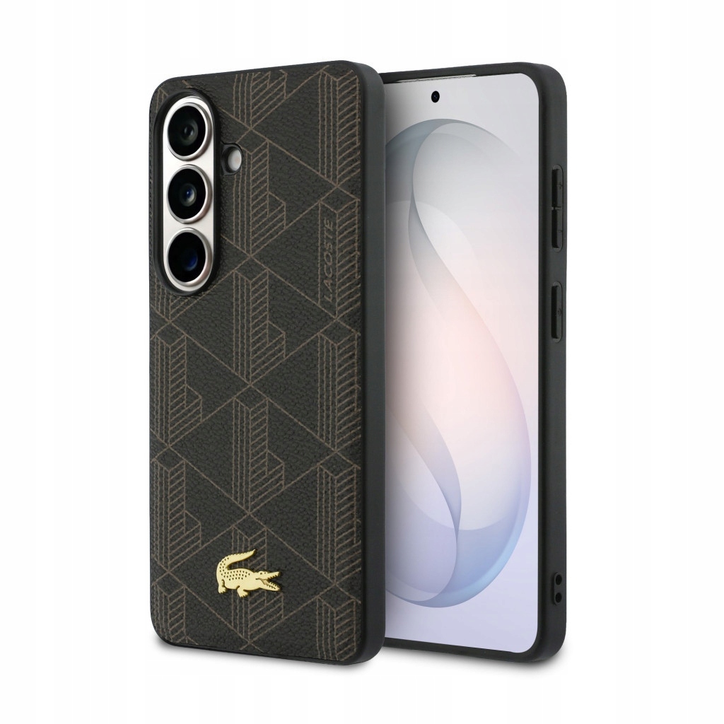 Etui Lacoste z mieszanki PVC z monogramem i złotym logo do Samsung Galaxy S26, brązowe