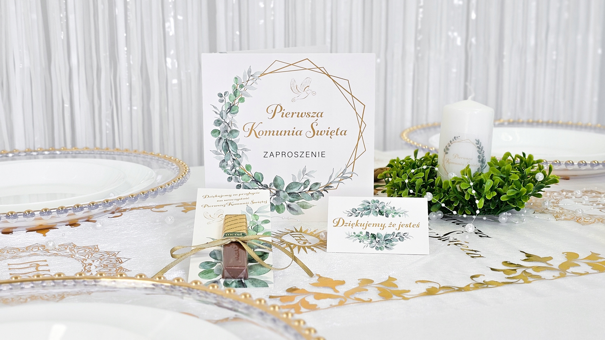 ZAPROSZENIE Komunijne KOPERTA na I Komunię Świętą Komunia Eukaliptus Boho Szerokość produktu 15 cm