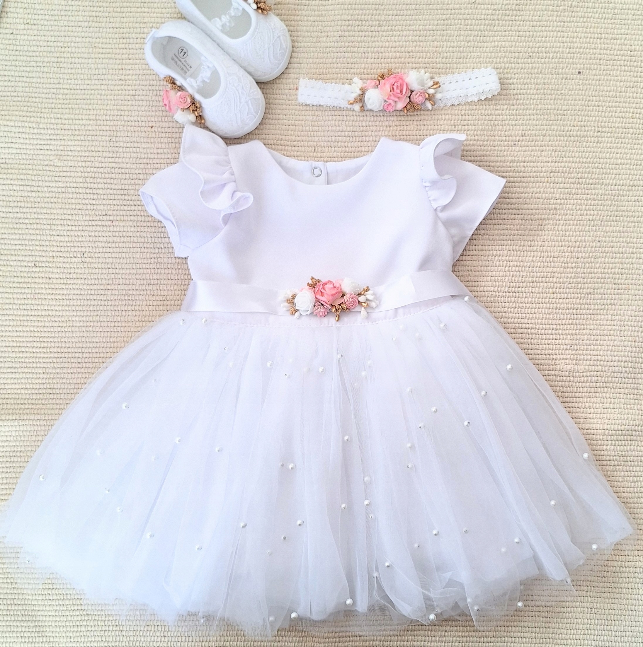 Sukienka do chrztu biała z perełkami krótki rękawek LATO Rozmiar 92