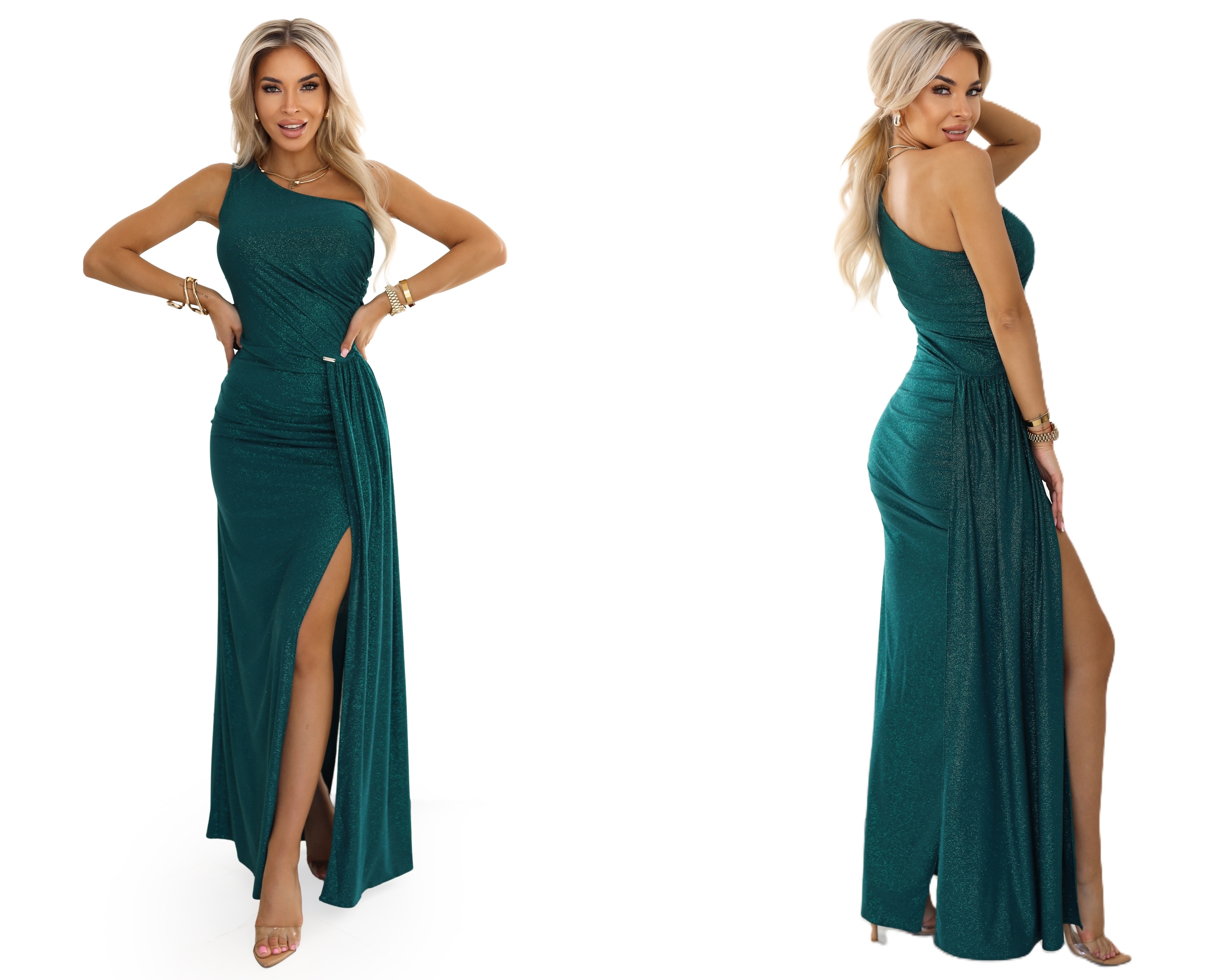 Lesklá Sukně S Drapováním V Pase Na Jedno Rameno, Zelené Třpytky