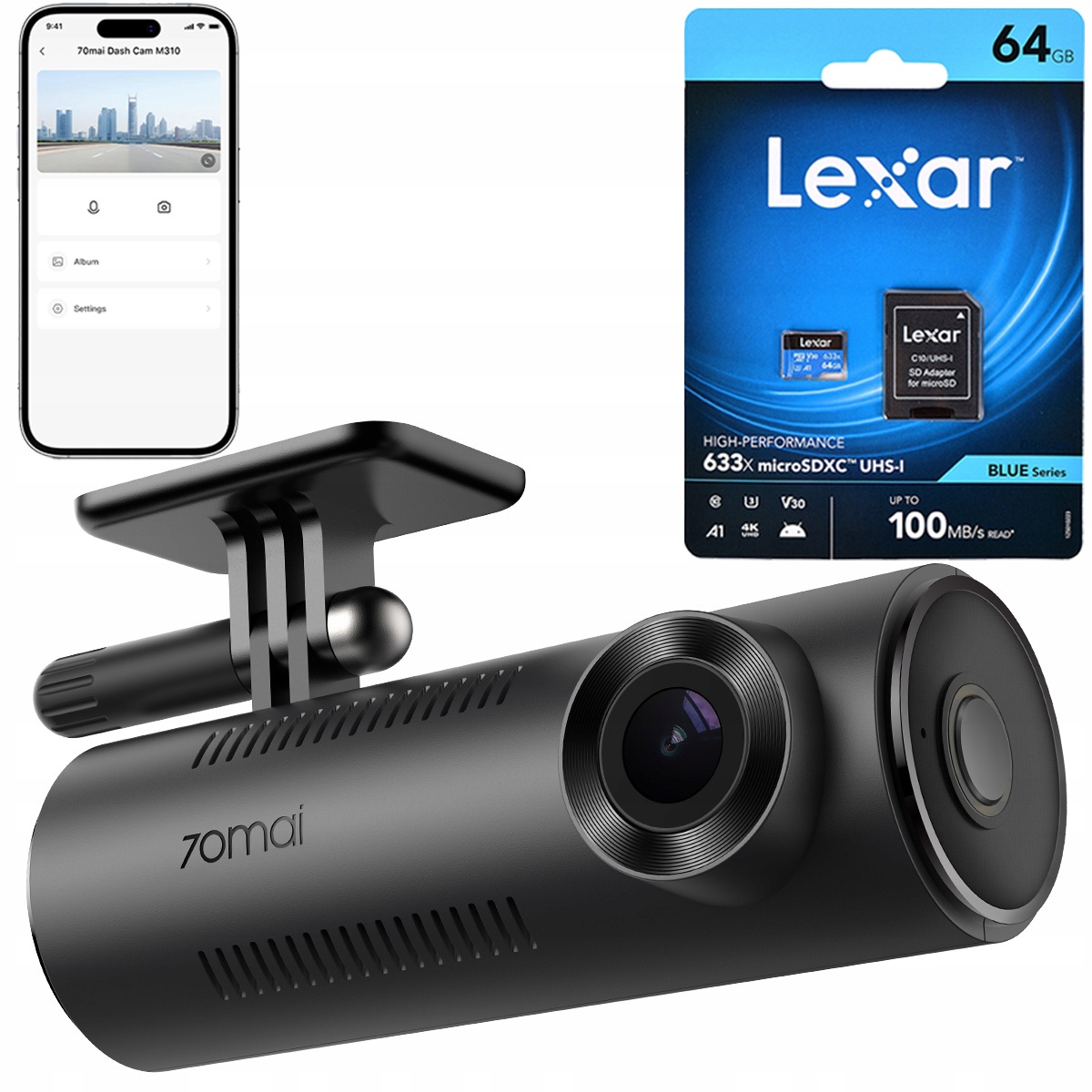 70mai M310 Kamera samochodowa Wideorejetrator Rejestrator Lexar Plus 64GB