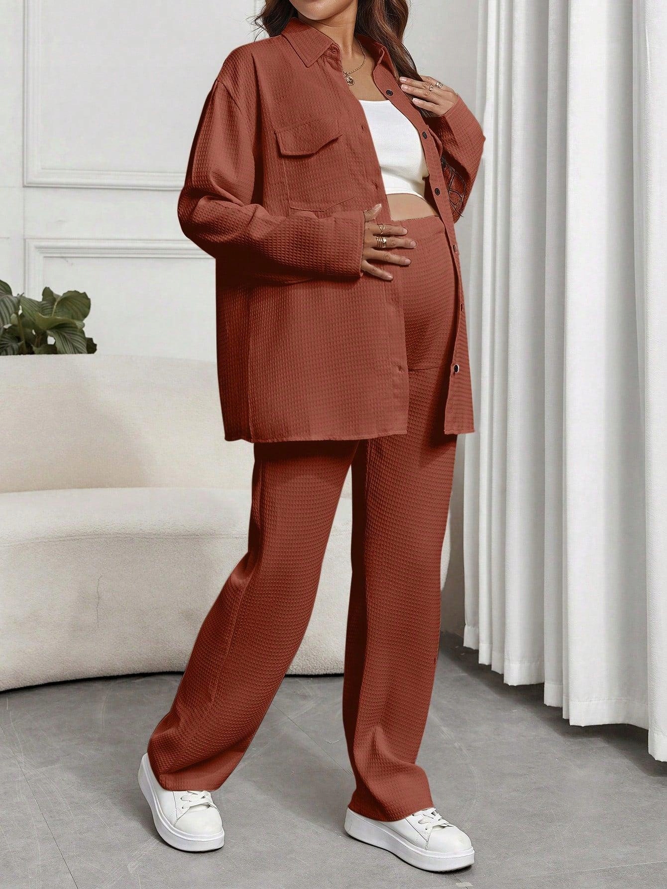 BRĄZOWY LUŹNY PROSTY TEKSTUROWANY KOMPLET KOSZULA DŁUGIE SPODNIE SHEIN 44 Rozmiar 44