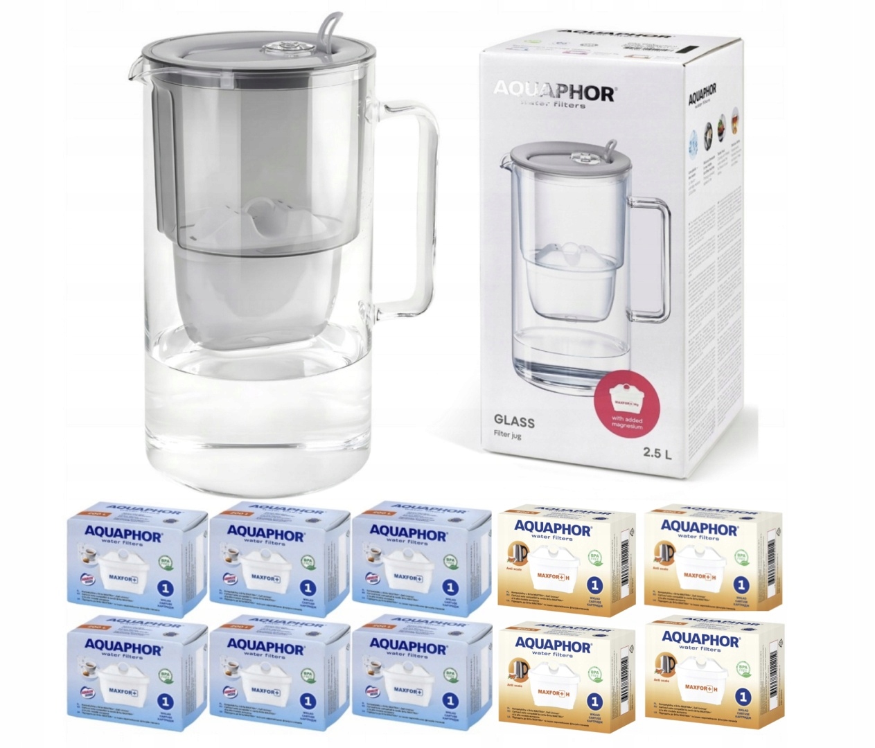 Dzbanek filtrujący szklany Aquaphor Glass 2,5l 10 wkładów, Szary