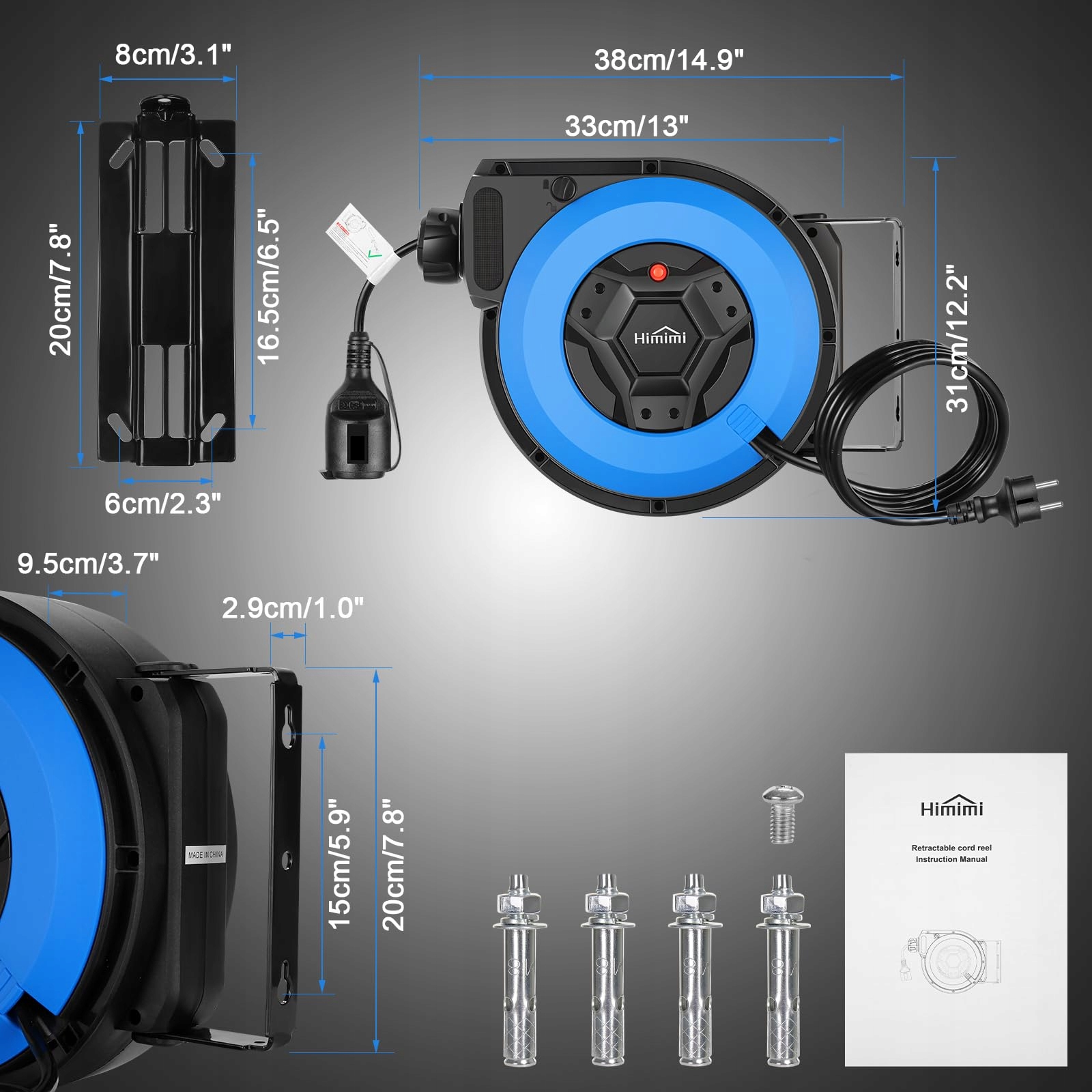 HIMIMI Automatyczna Zwijarka Kabli 15m 1500W 3000W IP44 Montaż Naścienny — miniatura 9