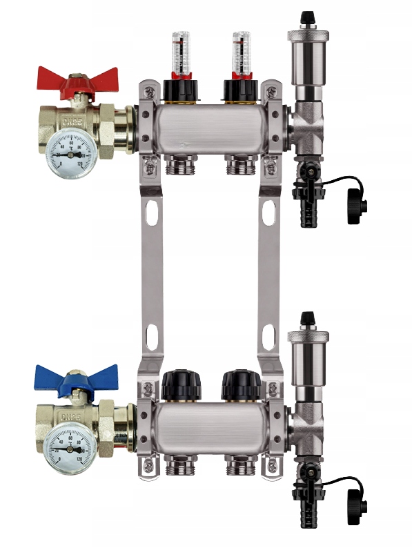 Rozdělovač Pro Podlahovou Krytinu 2 Nerezové Okruhy Jednoduchý Ventil Teploměr