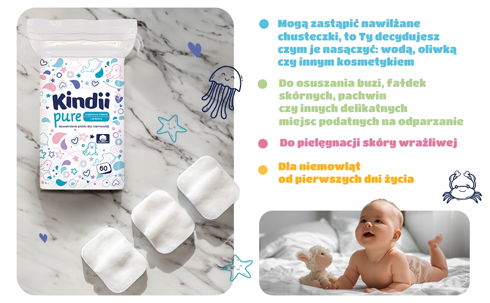 CLEANIC KINDII PŁATKI KOSMETYCZNE NIEMOWLĄT 60 SZT Marka Kindii