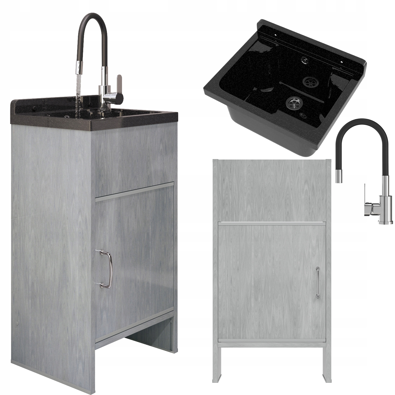 Technický Dřez Technický Dřez Černá Nádrž Pvc Skříňka Baterie Sada Loma