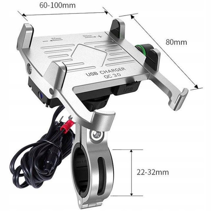 Uniwersalny aluminiowy uchwyt motocyklowy +USB QC Model R10-METAL