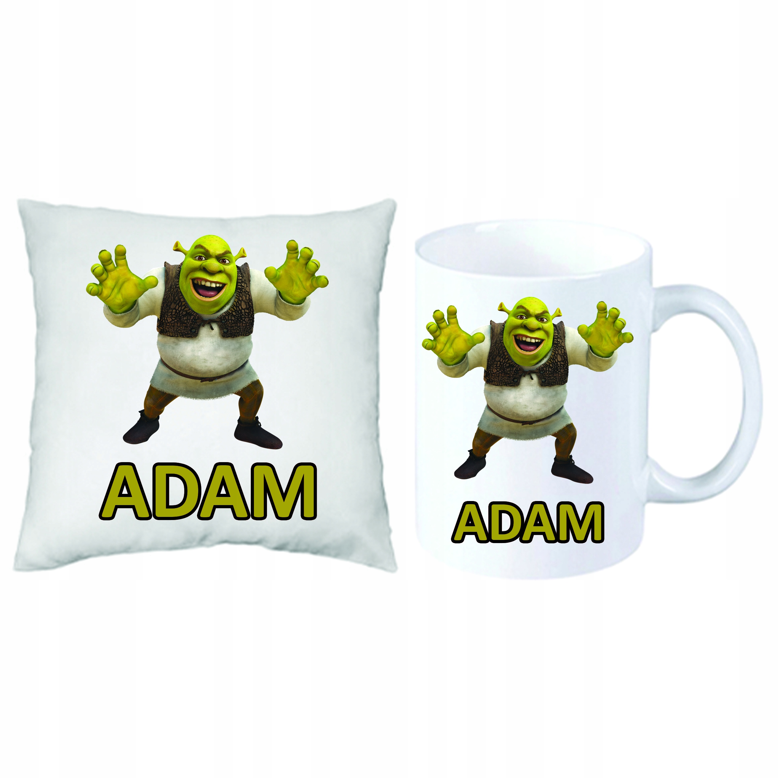 Shrek Osioł Kot ZESTAW PODUSZKA + KUBEK + IMIĘ Stan opakowania oryginalne