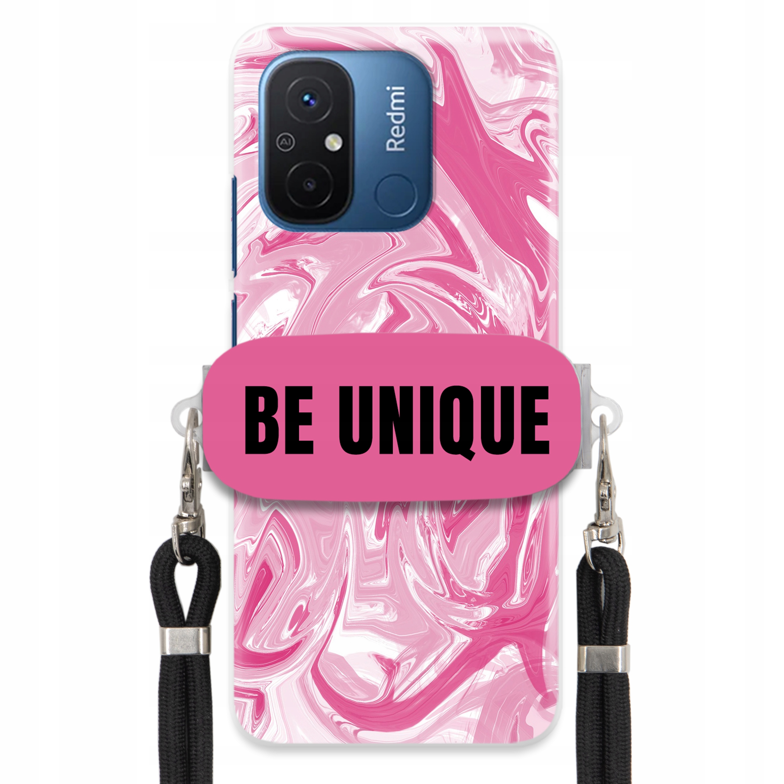 Puzdro pre Xiaomi Redmi 12C držiak na šnúrku Čierna Ružová Mramor Unique