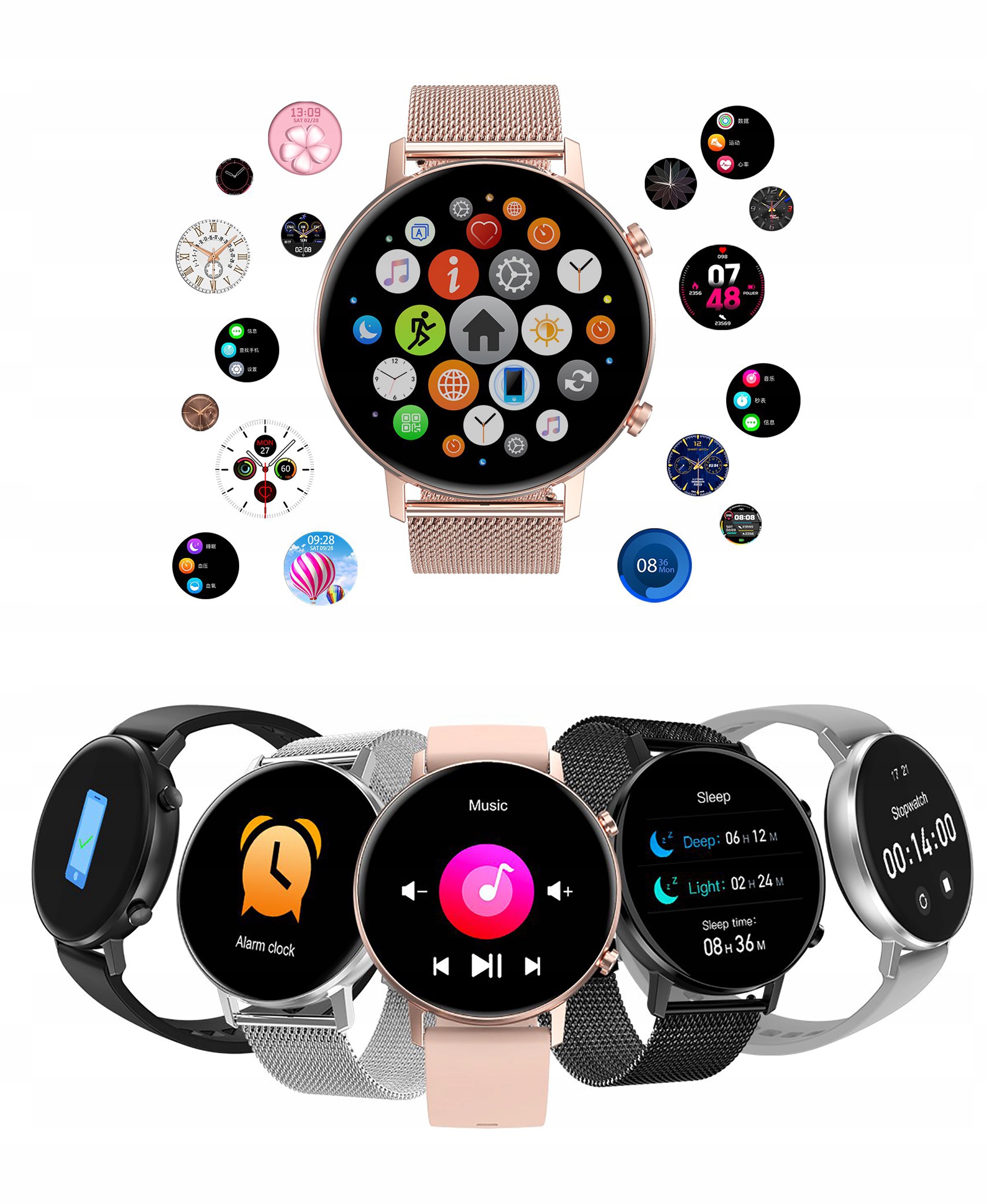 SMARTWATCH DAMSKI ZEGAREK CIŚNIENIE CYKL - 2 PASKI Komunikacja Bluetooth