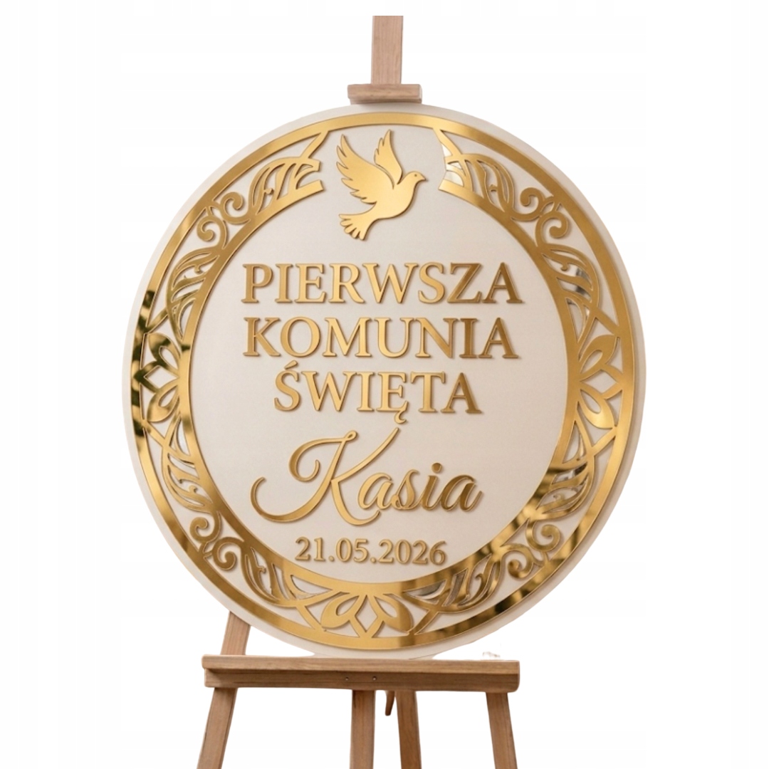 Uvítací tabule na svaté přijímání 50 cm Kulatá bílá se zlatým zrcadlem