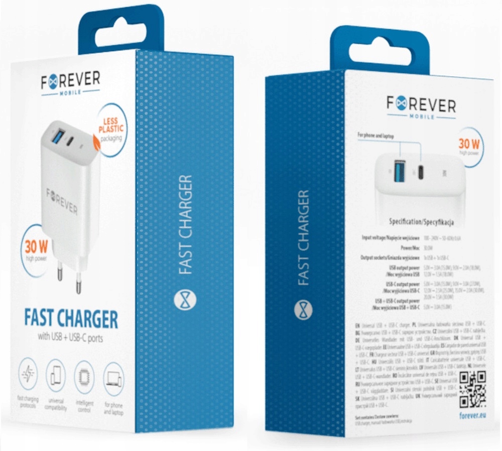BARDZO SZYBKA ŁADOWARKA SIECIOWA PD QC 30W 1x USB-C 1x USB POWER DELIVERY Marka Forever
