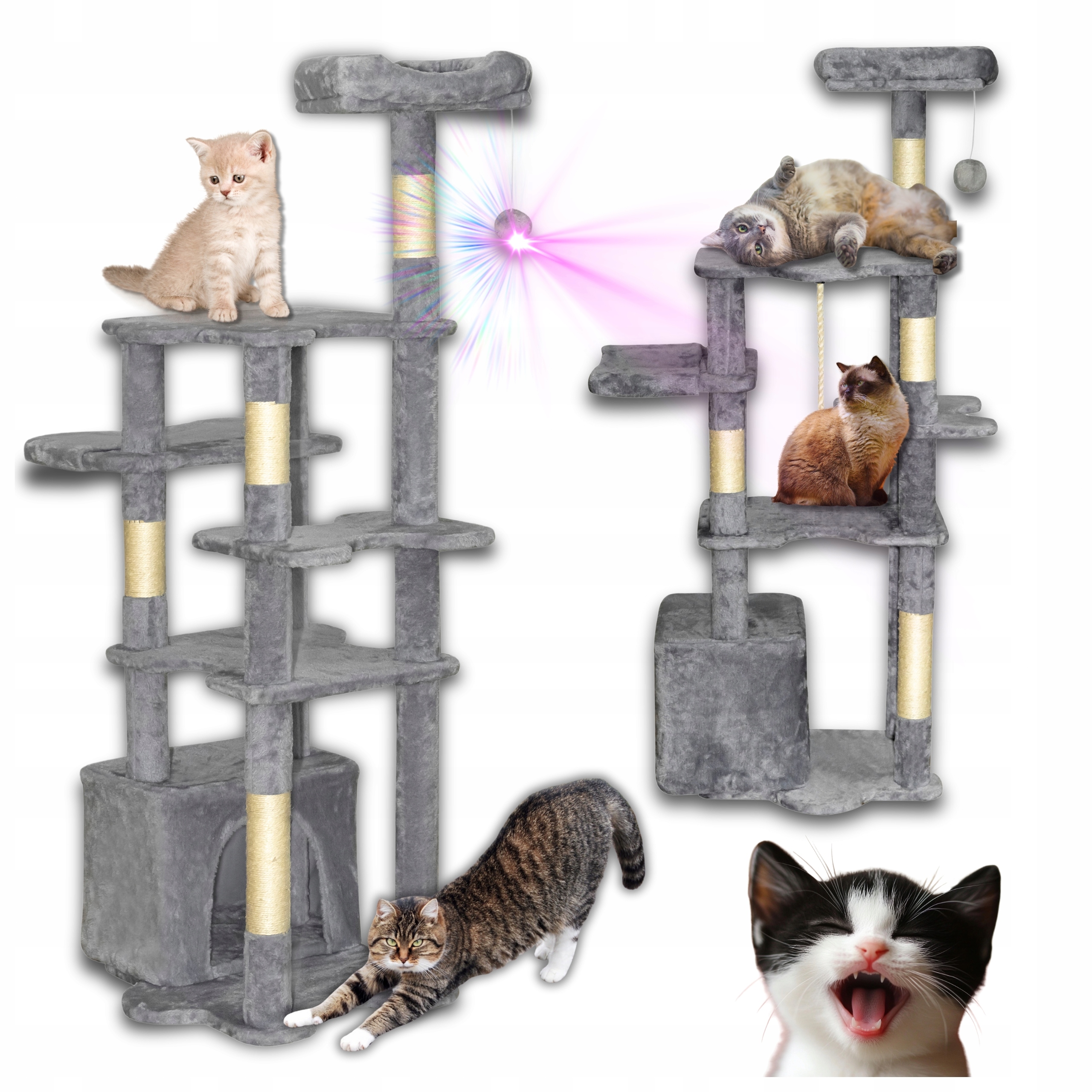 Levně Škrabadlo pro kočky Velké XXL "Domi" 145 cm 7 úrovní Šedá věž Pelíšek Dům