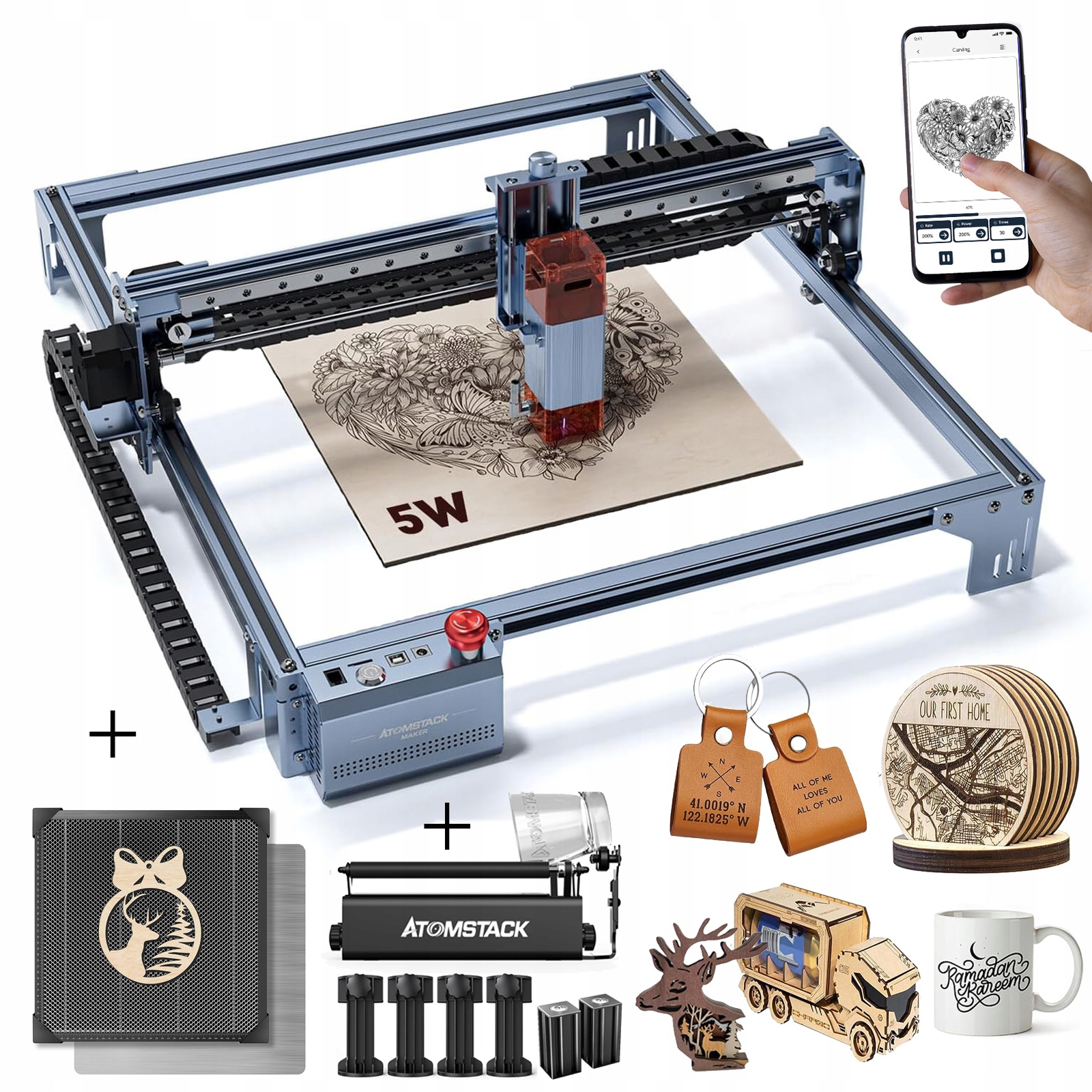 Nowy Grawer wycinarka laserowa Atomstack A5 V2 40W +XL Pad +R3 Pro Rolka