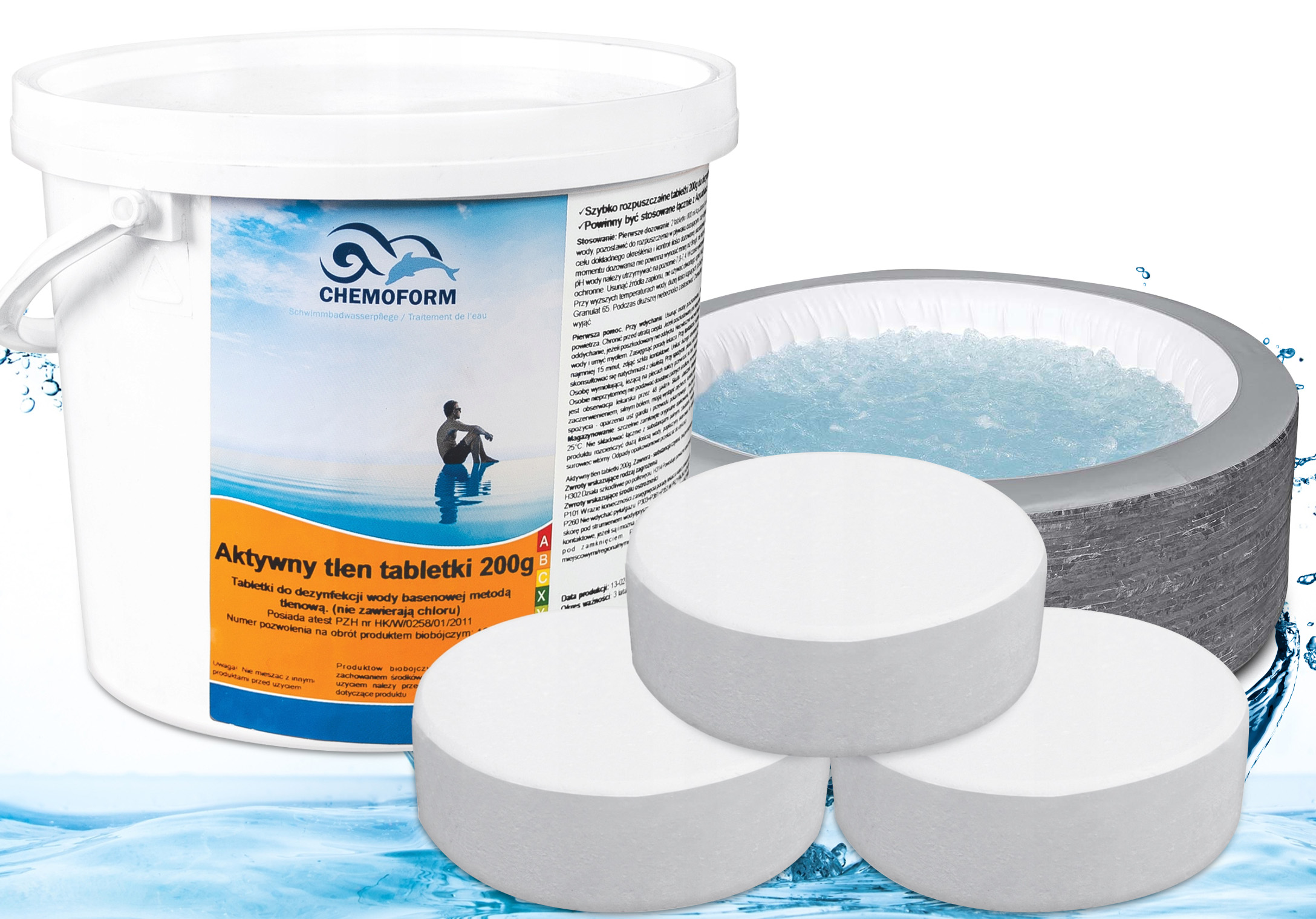 Aktywny Tlen Chemia do Basen Jacuzzi bez Chloru Chemoform Tabletki 200g 3kg