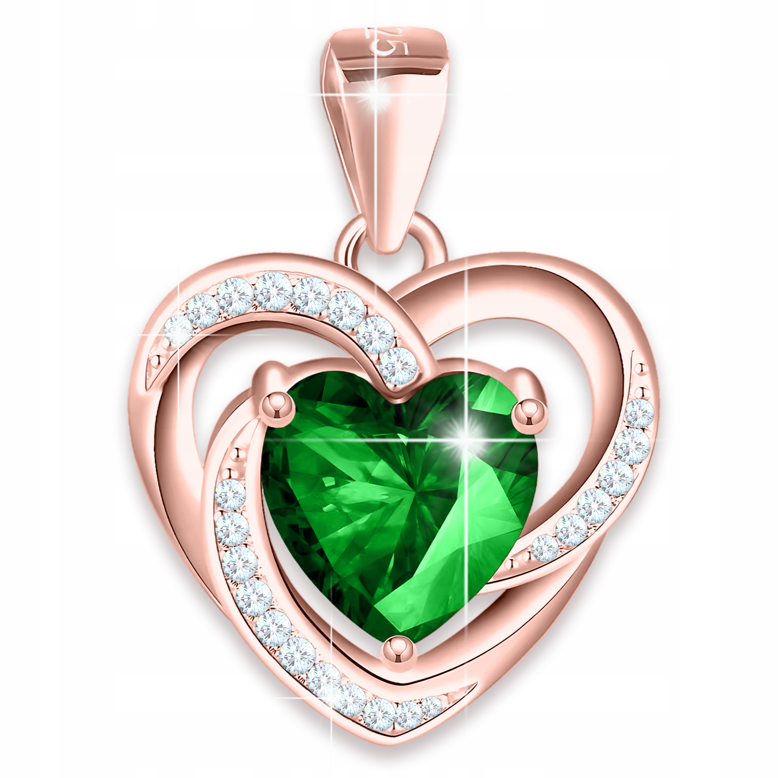 Pozlacený přívěsek ve tvaru srdce se zeleným Křišťál a kubickým zirkonem, Stříbro