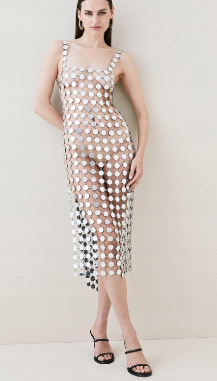 Karen Millen Sukienka Srebrna Zdobiona MIDI Yłf