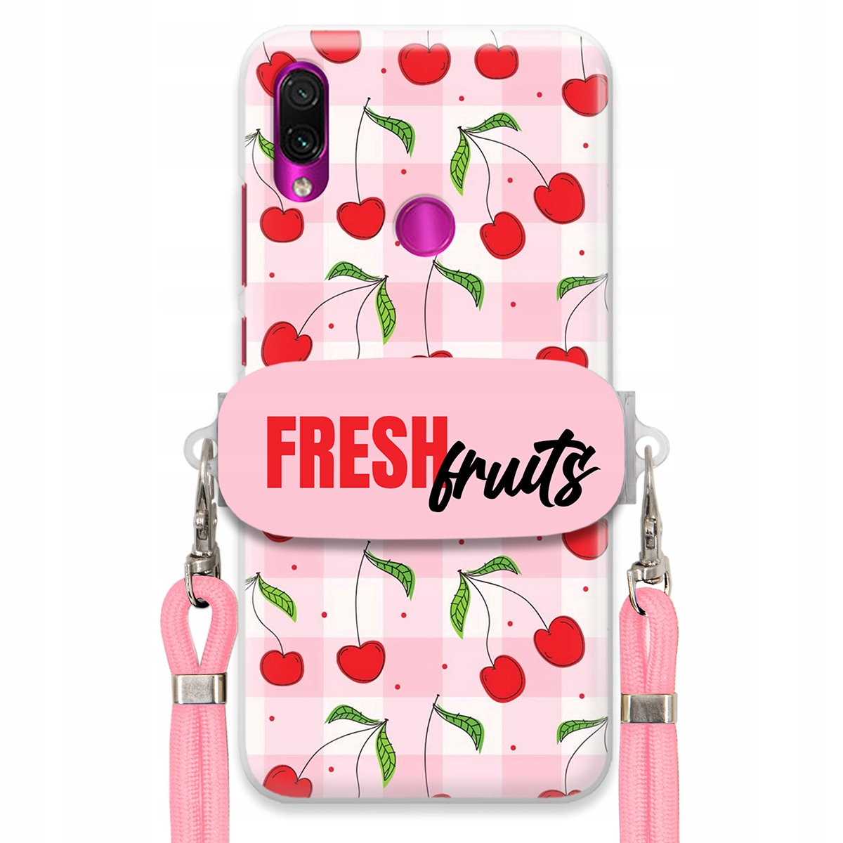 Pouzdro pro Xiaomi Redmi Note 7 Case Držák Šňůrka Růžová Fresh Fruits Mřížka