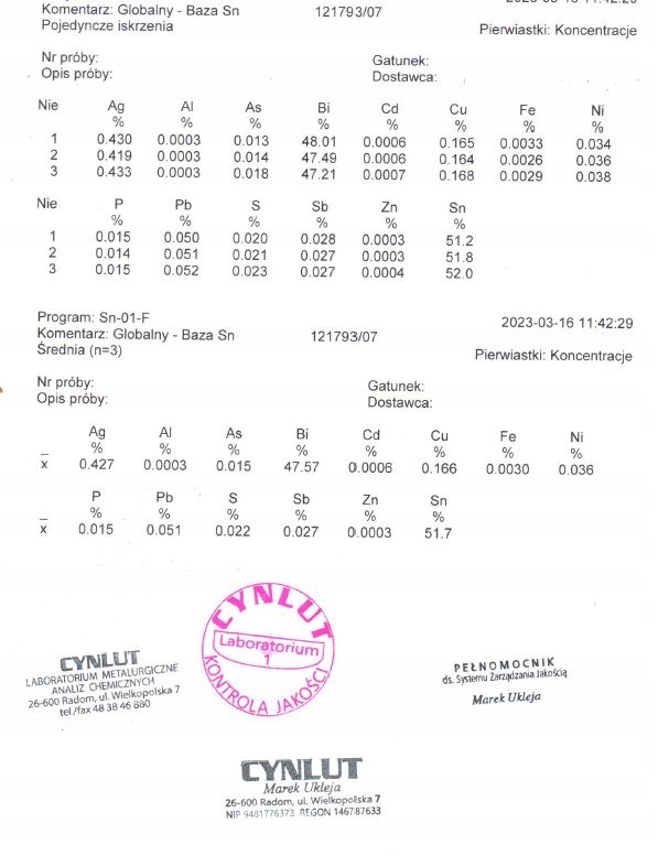 Sztabki SnBi 1 kg Stan opakowania oryginalne