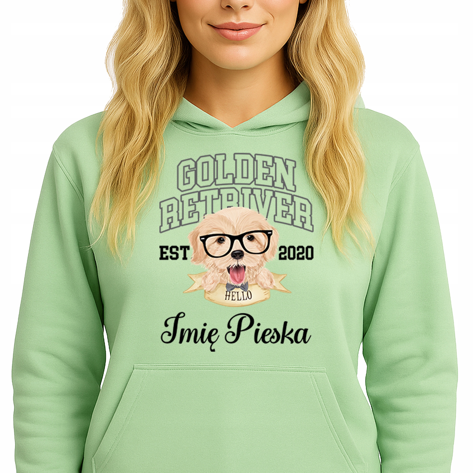 Mikina S Kapucí Zelená bavlněná mikina Golden Retriver Jméno pejska M
