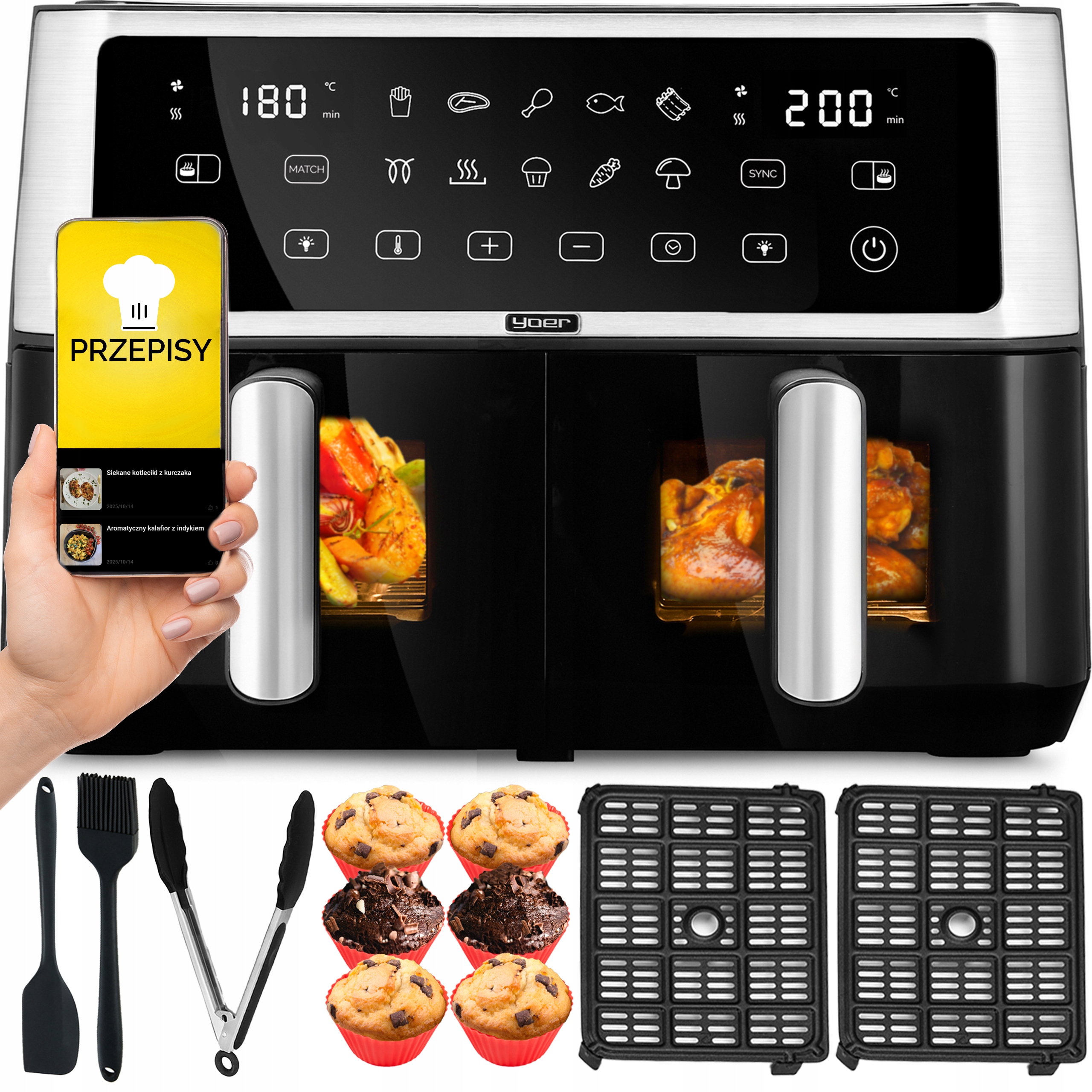 Frytkownica beztłuszczowa Dwukomorowa 10L Air Fryer Yoer 2850W 10 programów