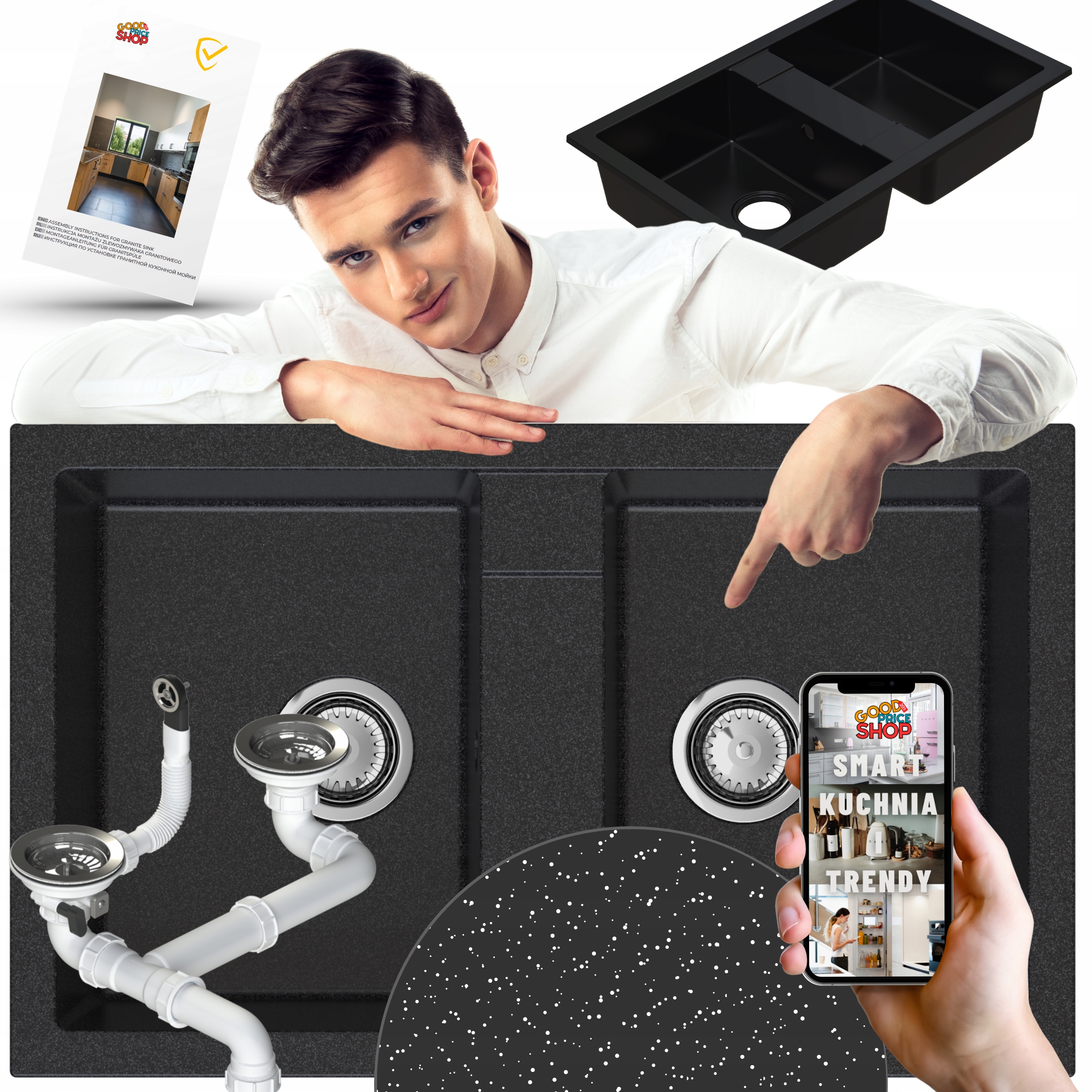 Granitový Dřez Dvoukomorový 2-kom Černý Skvrnitý sifon manuální 6v1