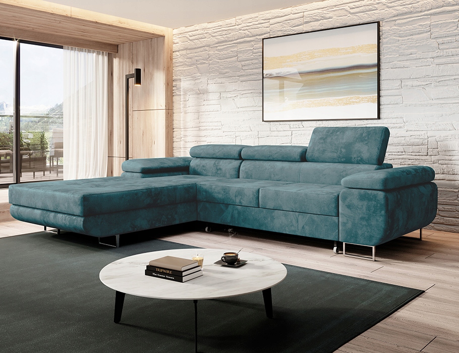 Tyrkysový rohová sedací souprava s funkcí levého spaní Norberg s velkou nádobou.